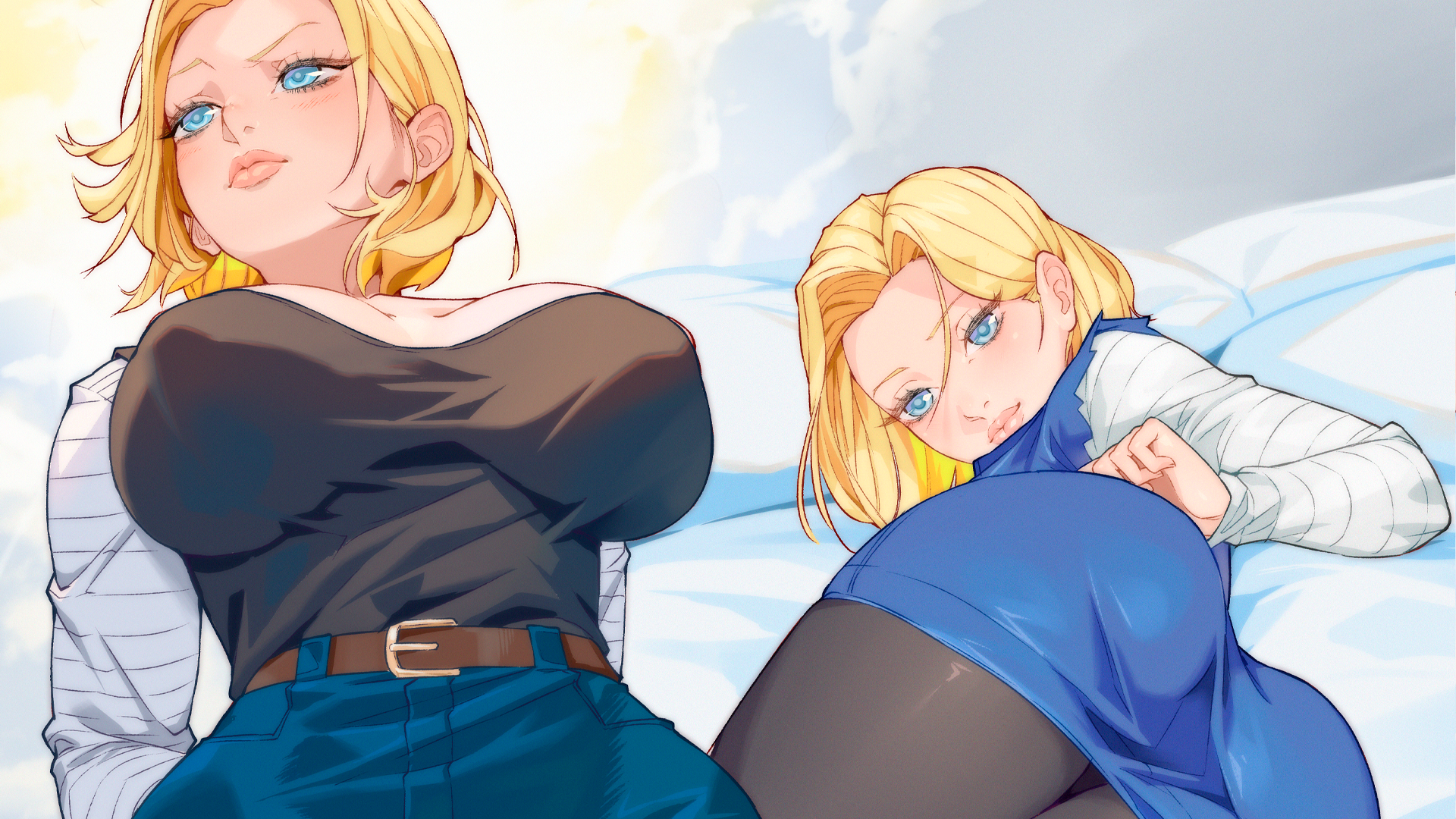 Anime 1920x1080 Arttoru Android 18 simple background blonde minimalism blue eyes anime girls huge breasts short hair blushing juicy lips Dragon Ball Z ass looking at viewer looking back