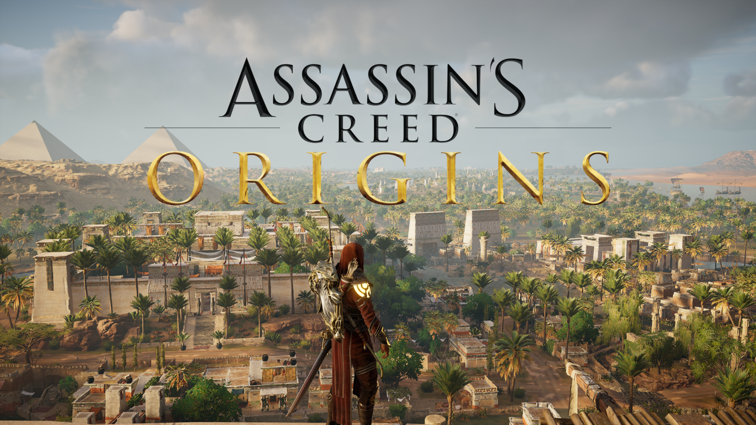 General 2560x1440 assassin creed origins title Assassin's Creed clouds video games standing sky pyramid hoods video game art landscape water CGI