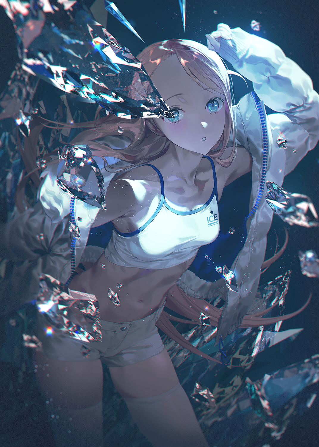 Anime 1072x1500 anime anime girls Pixiv original characters portrait display blue eyes long hair tank top short shorts stockings water jacket belly belly button thighs looking at viewer