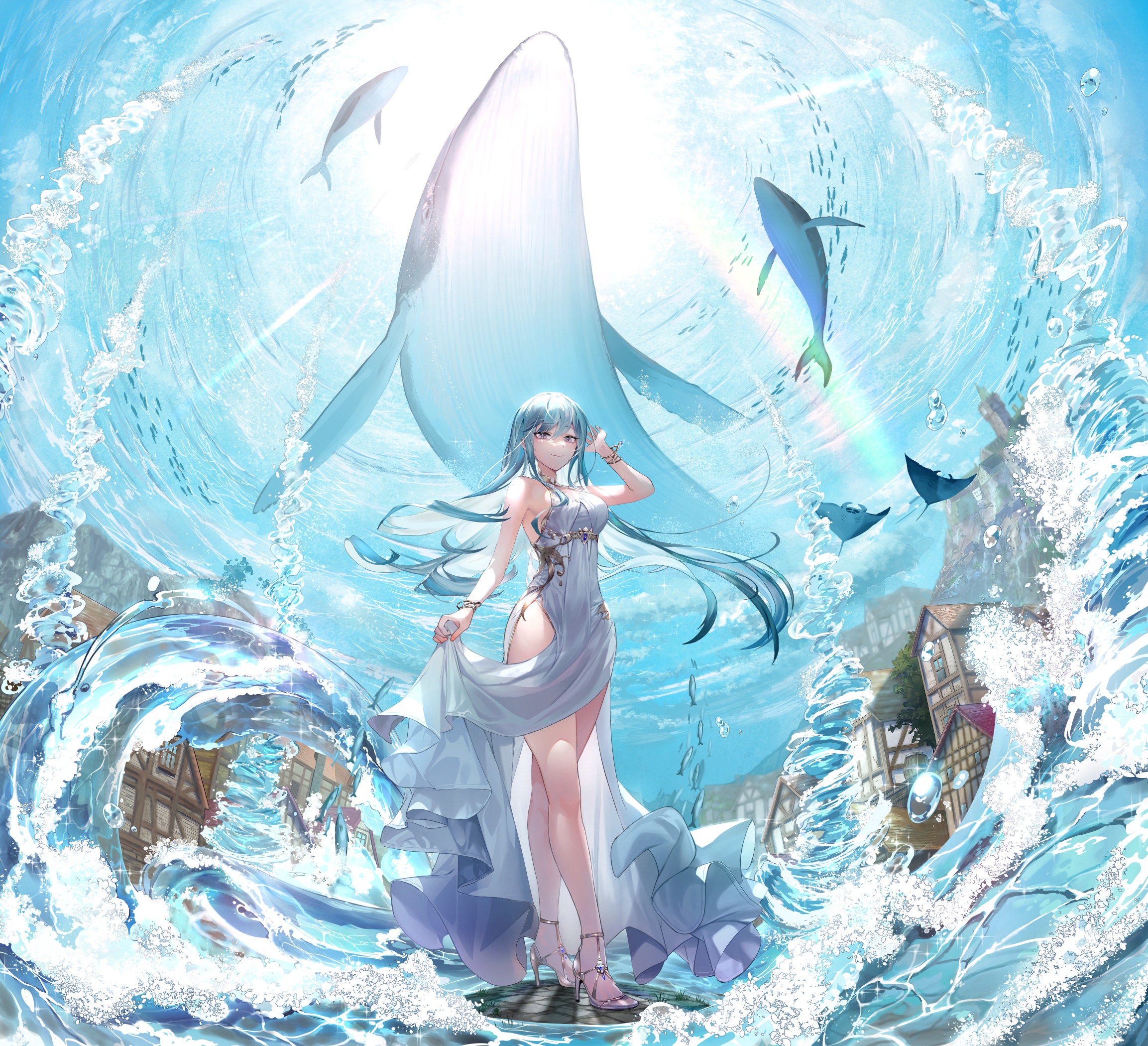 Anime 2306x2100 anime girls portrait display white dress flying whales water drops underwater blue hair looking at viewer standing manta rays high heels sunlight waves sleeveless closed mouth smiling bracelets open clothes AOLP heels water