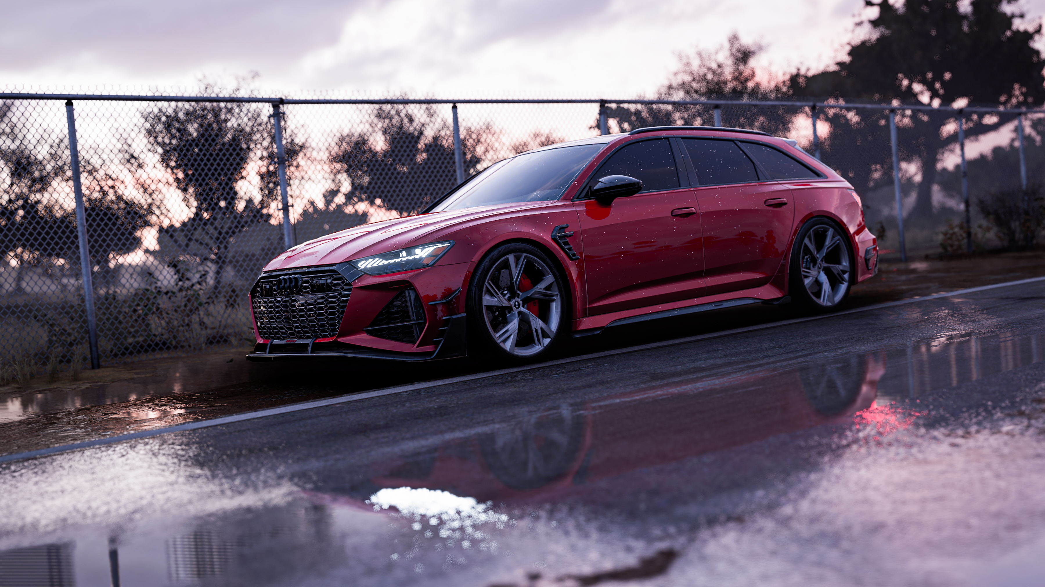 General 3600x2025 Forza Forza Horizon 5 Audi RS6 station wagon German cars video games PlaygroundGames car Volkswagen Group Audi fence reflection sky clouds trees water headlights frontal view video game art CGI vehicle blurred sunlight