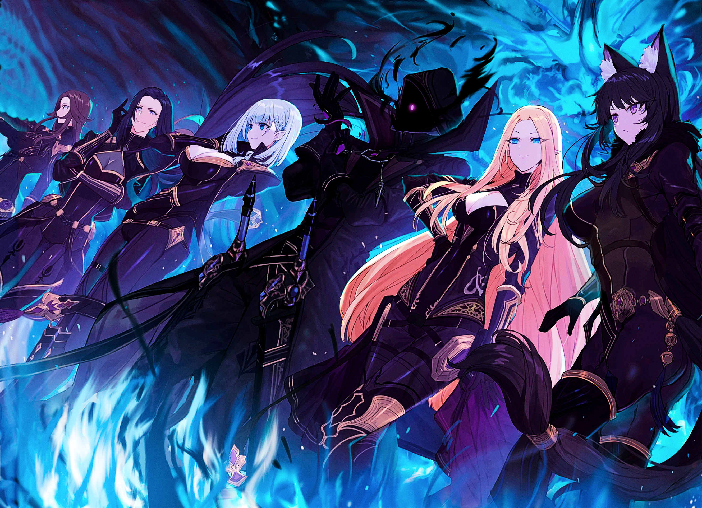 Anime 2655x1923 The Eminence in Shadow Shadow Garden anime elves looking at viewer anime girls fox girl fox ears long hair fox tail anime boys looking away short hair blue flames weapon fire standing