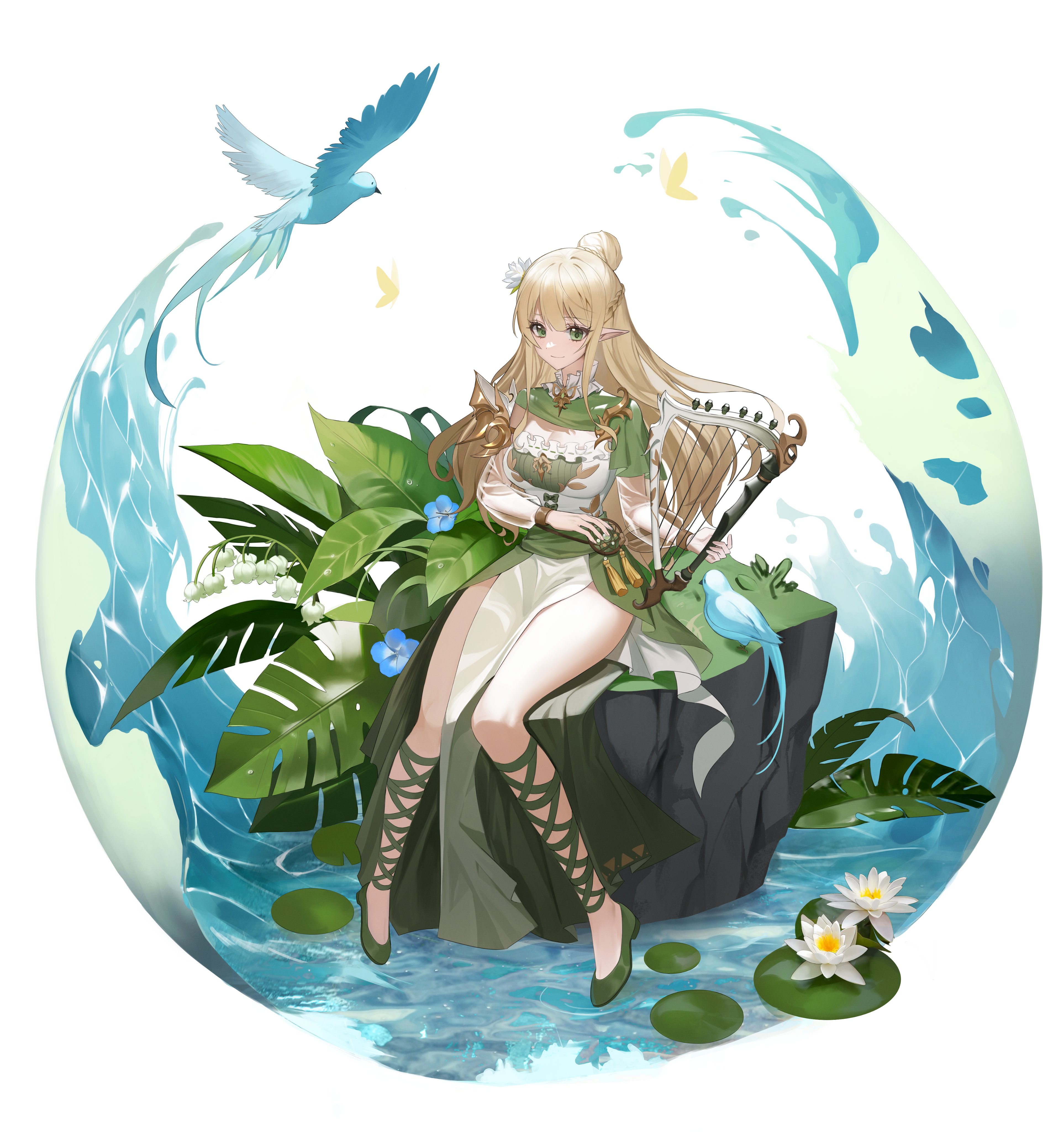 Anime 3852x4096 anime girls Chap Yun original characters elves long hair pointy ears musical instrument harp water looking at viewer hibiscus flowers blonde green eyes animals birds leaves water lilies dress hair ornament smiling water drops blue flowers portrait display