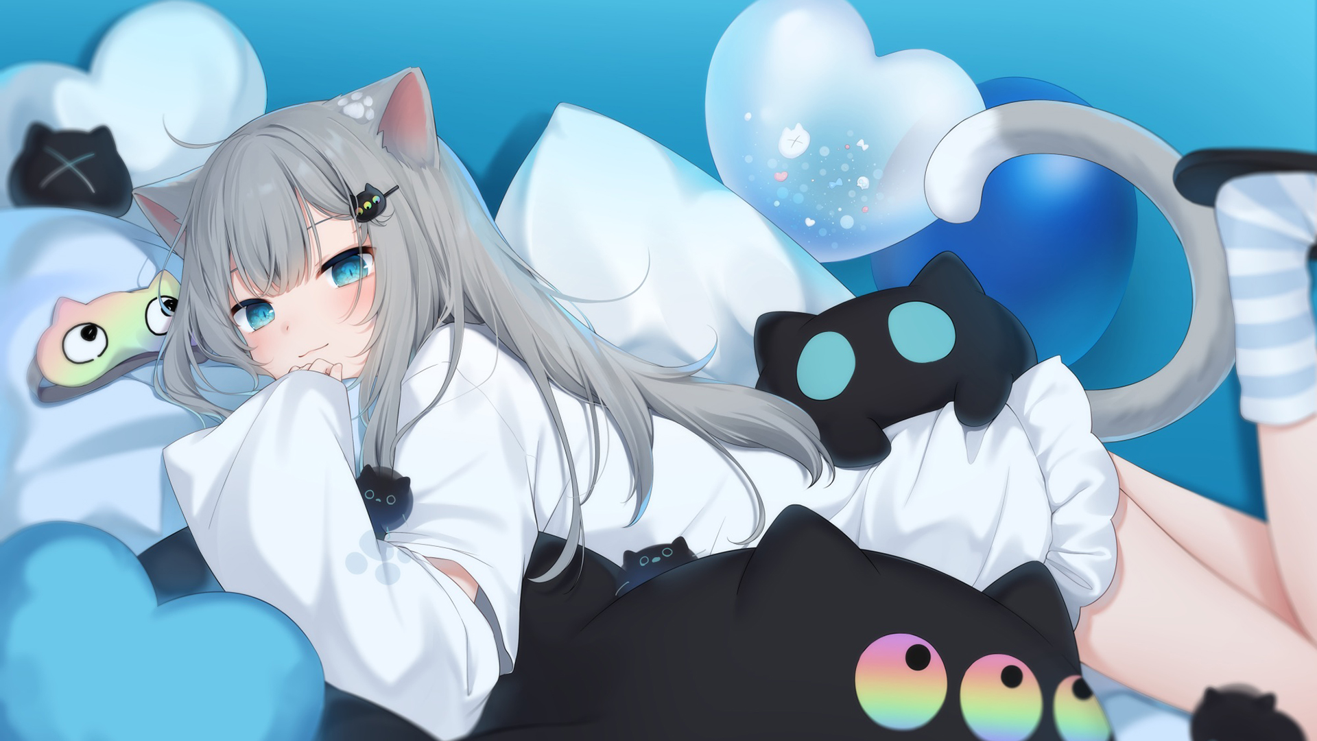Anime 1920x1080 lying on front anime girls cat girl cat ears cat tail looking at viewer heart (design)