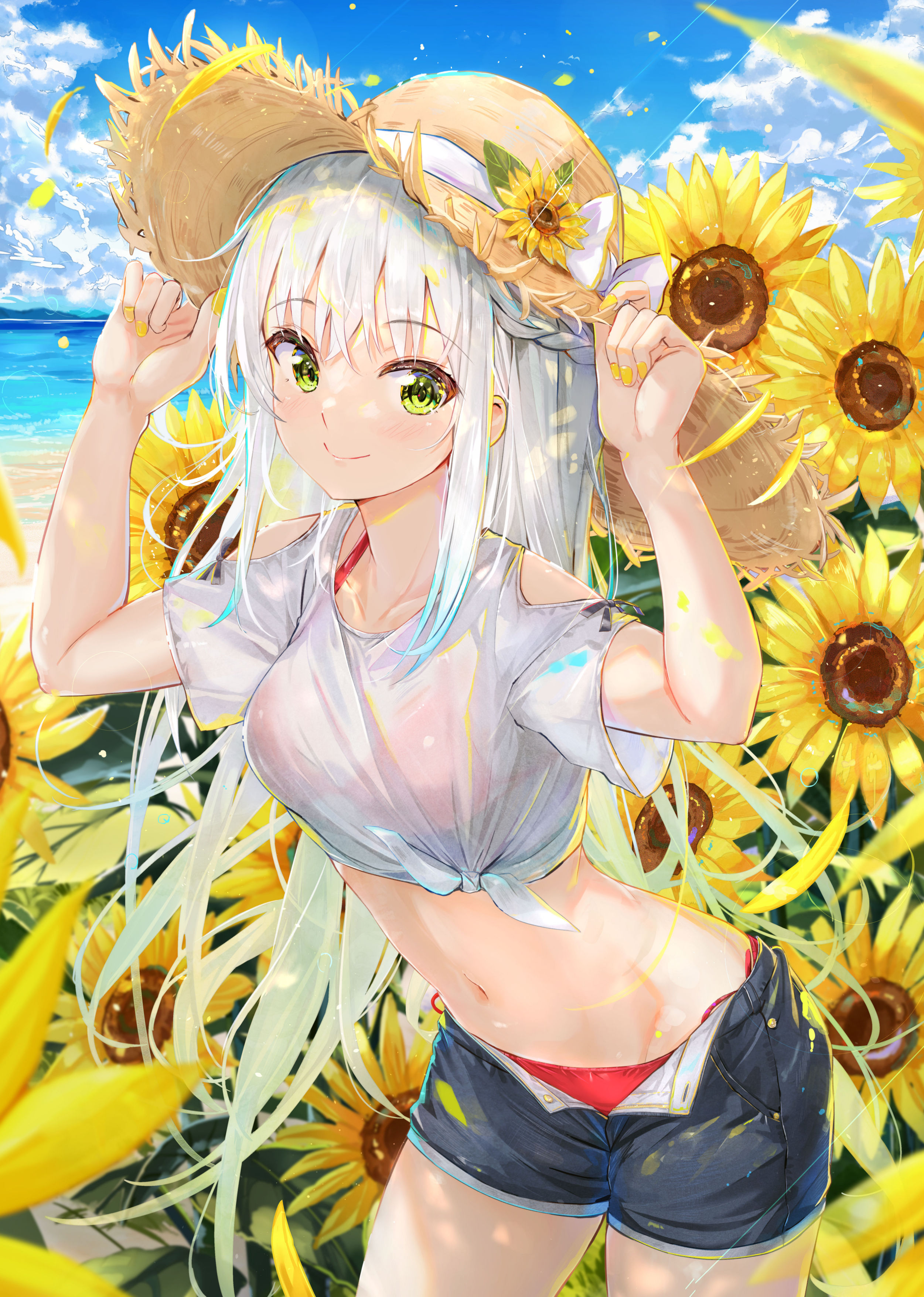 Anime 2501x3511 anime girls portrait display white hair gradient hair green eyes sunflowers flowers see-through shirt red bikini open shorts sun hats smiling beach women outdoors women on beach petals clouds looking at viewer bare midriff belly button water yellow nails short shorts Na Kyo straw hat belly long hair
