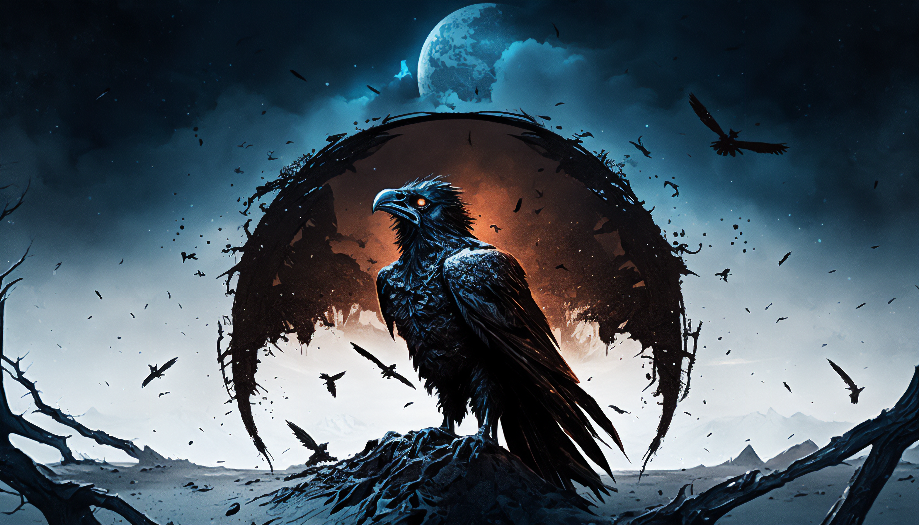 General 3136x1792 AI art raven night Moon birds animals