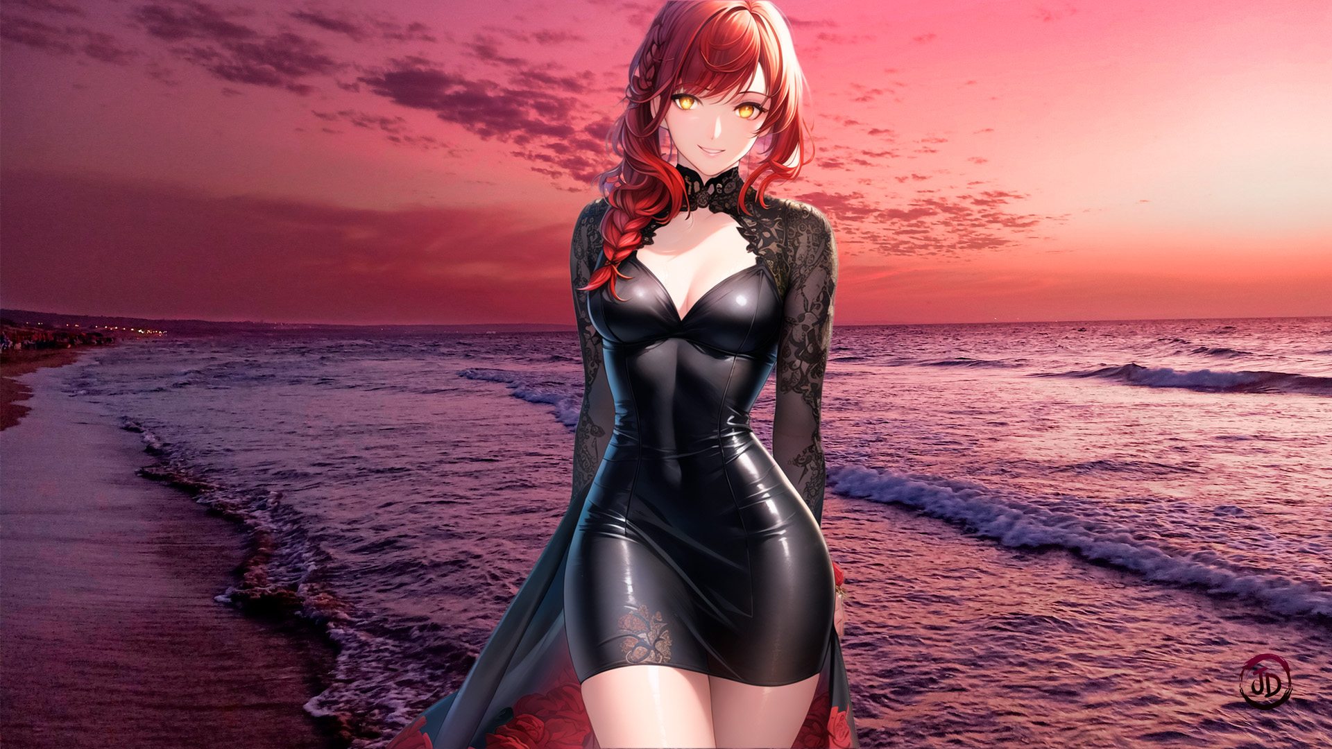 Anime 1920x1080 anime girls waves body art redhead Makima (Chainsaw Man) Chainsaw Man water clouds sunset sunset glow smiling black dress cleavage tight dress beach cleavage cutout sky
