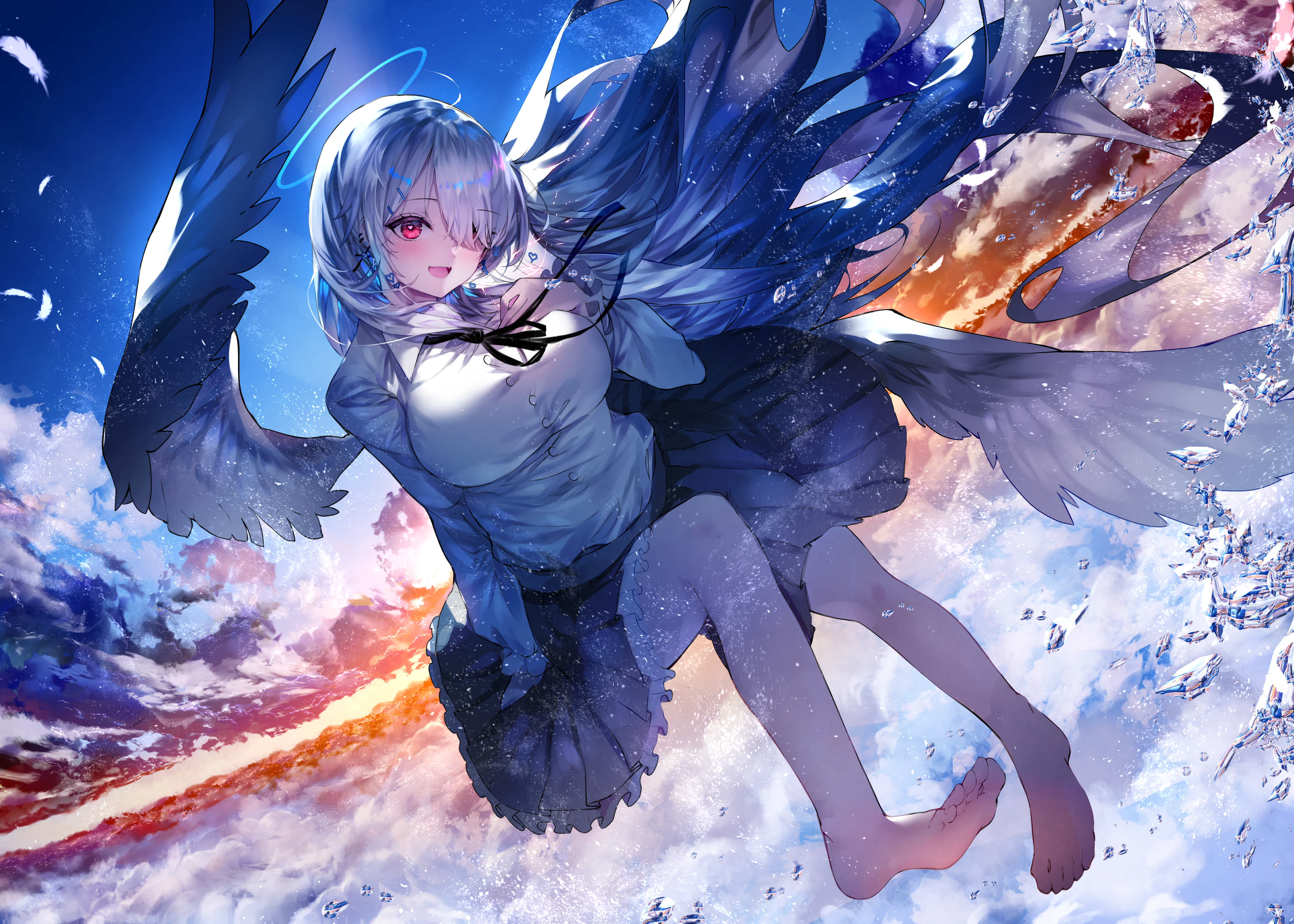 Anime 4900x3500 angel girl red eyes anime girls wings clouds feathers hair over one eye sky sunset glow W (artist)