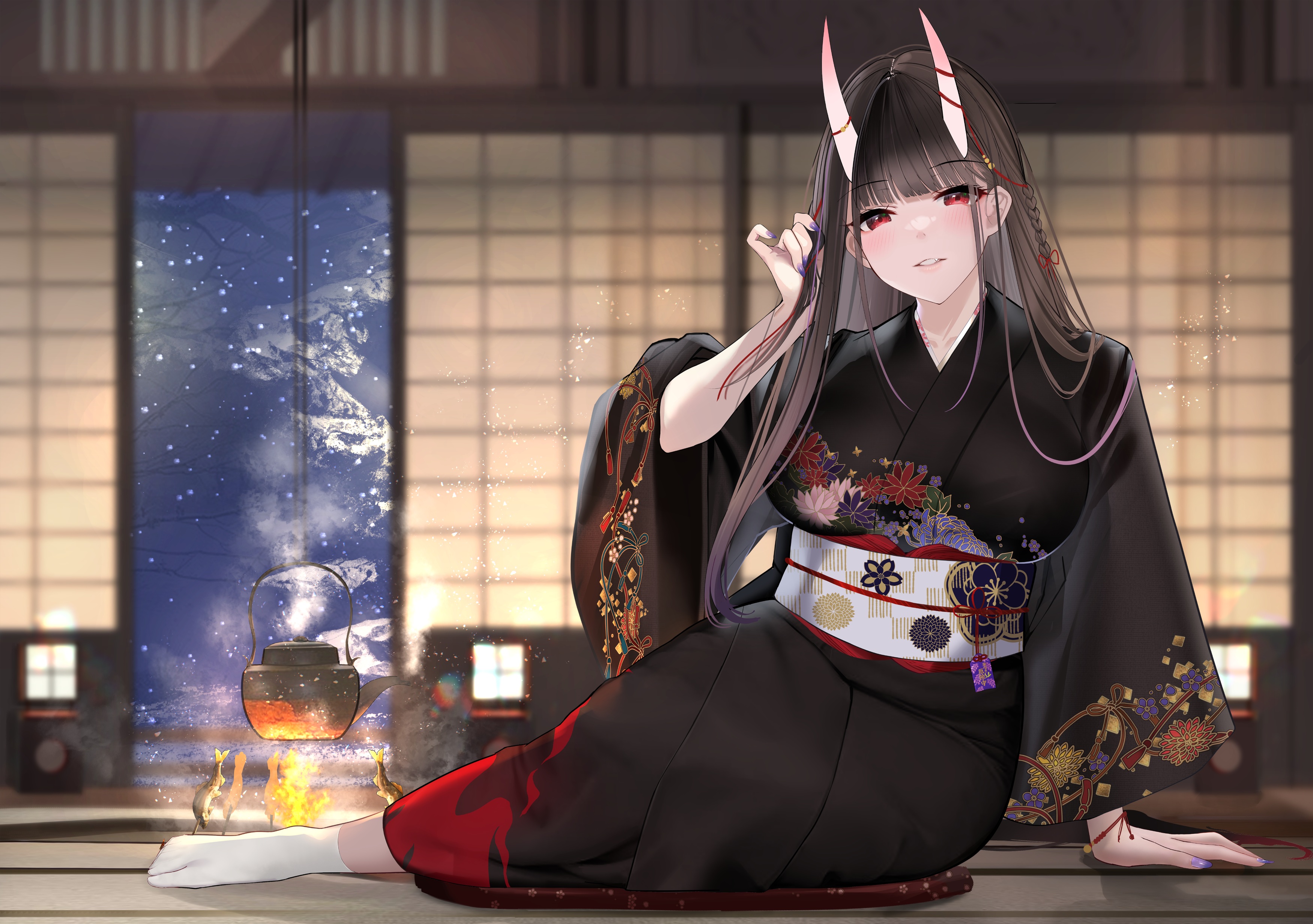 Anime 3500x2463 anime anime girls horns kimono snow fire red eyes long hair looking at viewer