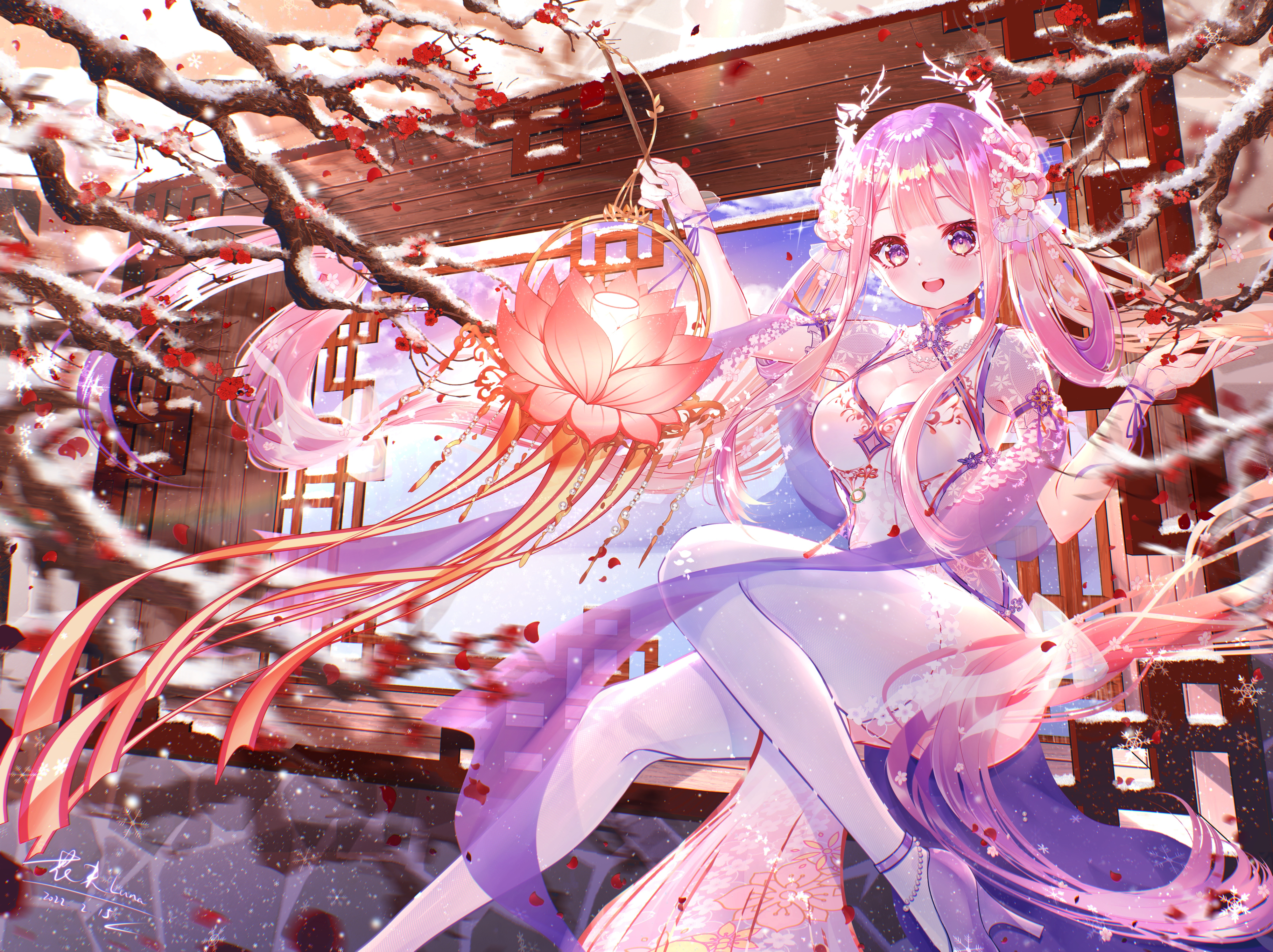 Anime 4000x2991 anime girls Hanajiang dress Chinese clothing Chinese dress cheongsam white dress stockings white stockings long hair purple eyes open mouth purple hair blushing trees flowers petals snow hair ornament heels purple heels Asian architecture lantern branch looking at viewer