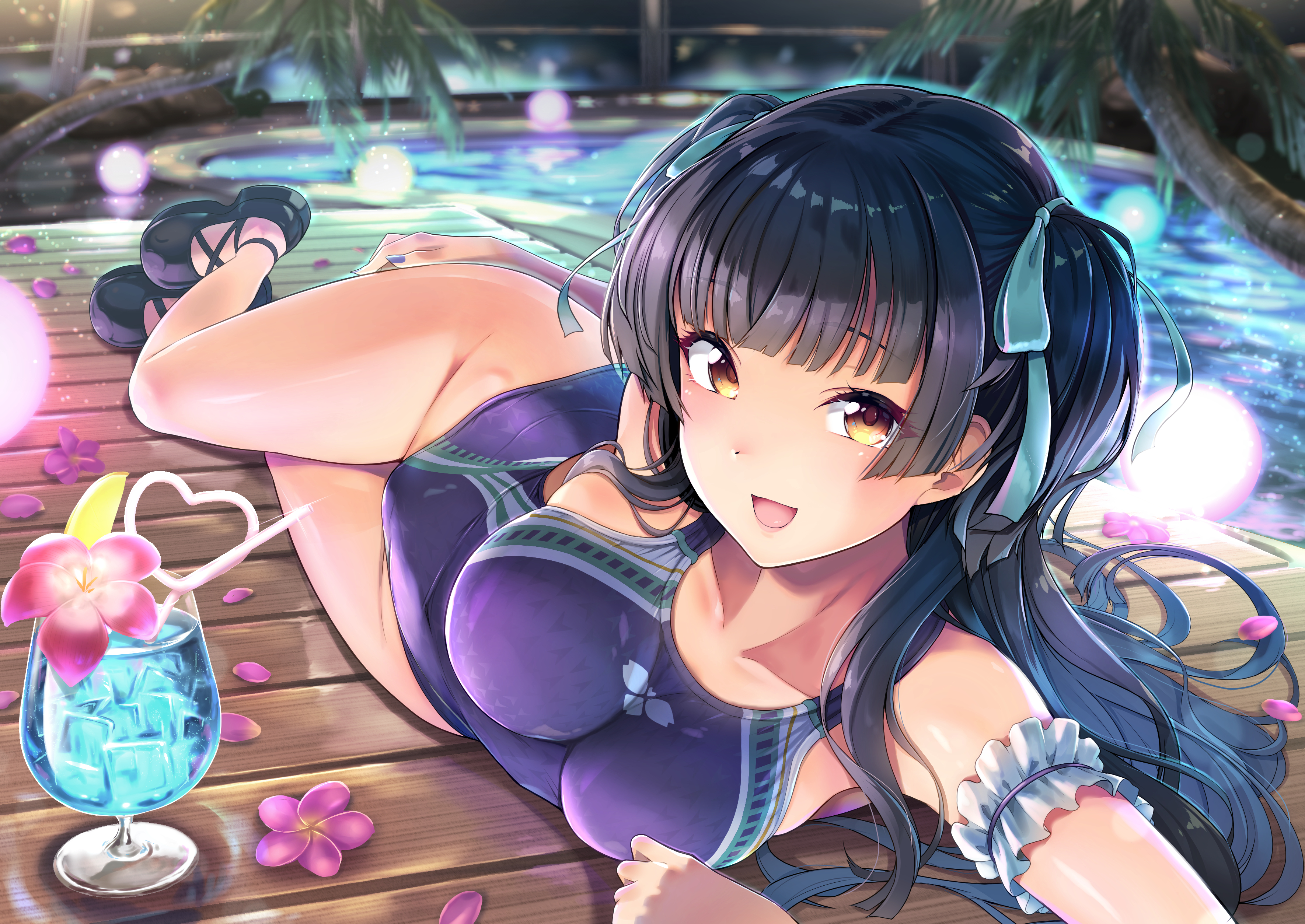 Anime 3541x2508 anime girls 8000 THE iDOLM@STER: Shiny Colors Mayuzumi Fuyuko swimwear drink yellow eyes black hair lying on side big boobs petals one-piece swimsuit water palm trees looking at viewer