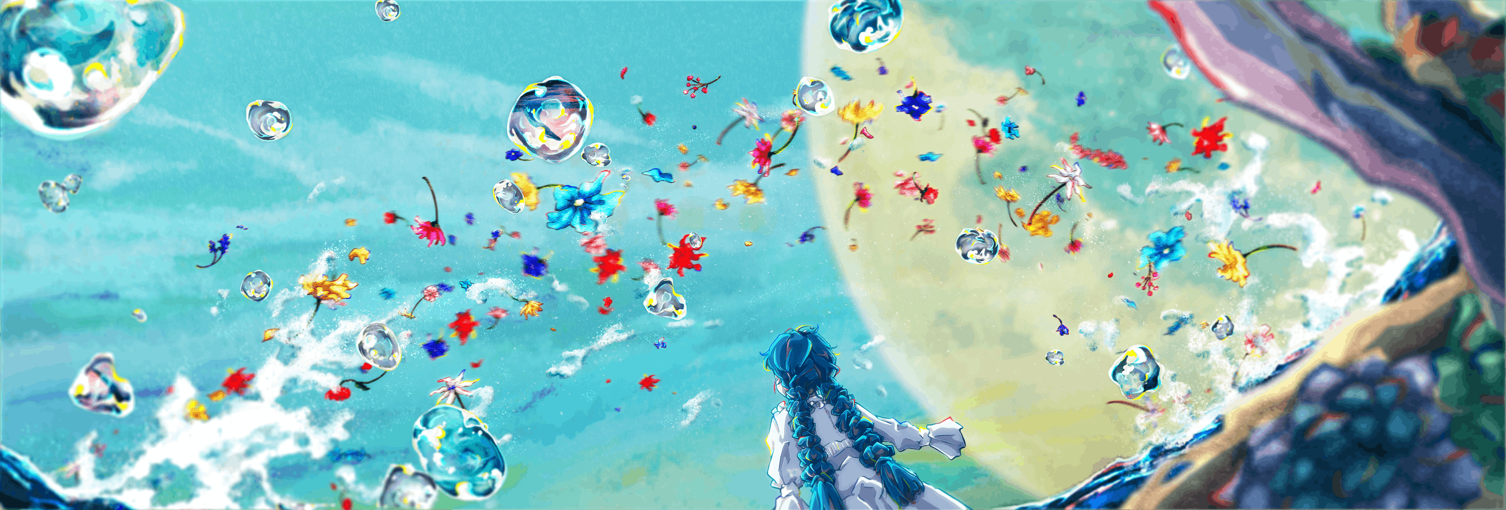 Anime 3000x1016 digital art artwork illustration anime flowers women anime girls abstract bubbles long hair blue hair twintails Moon water drops water braids