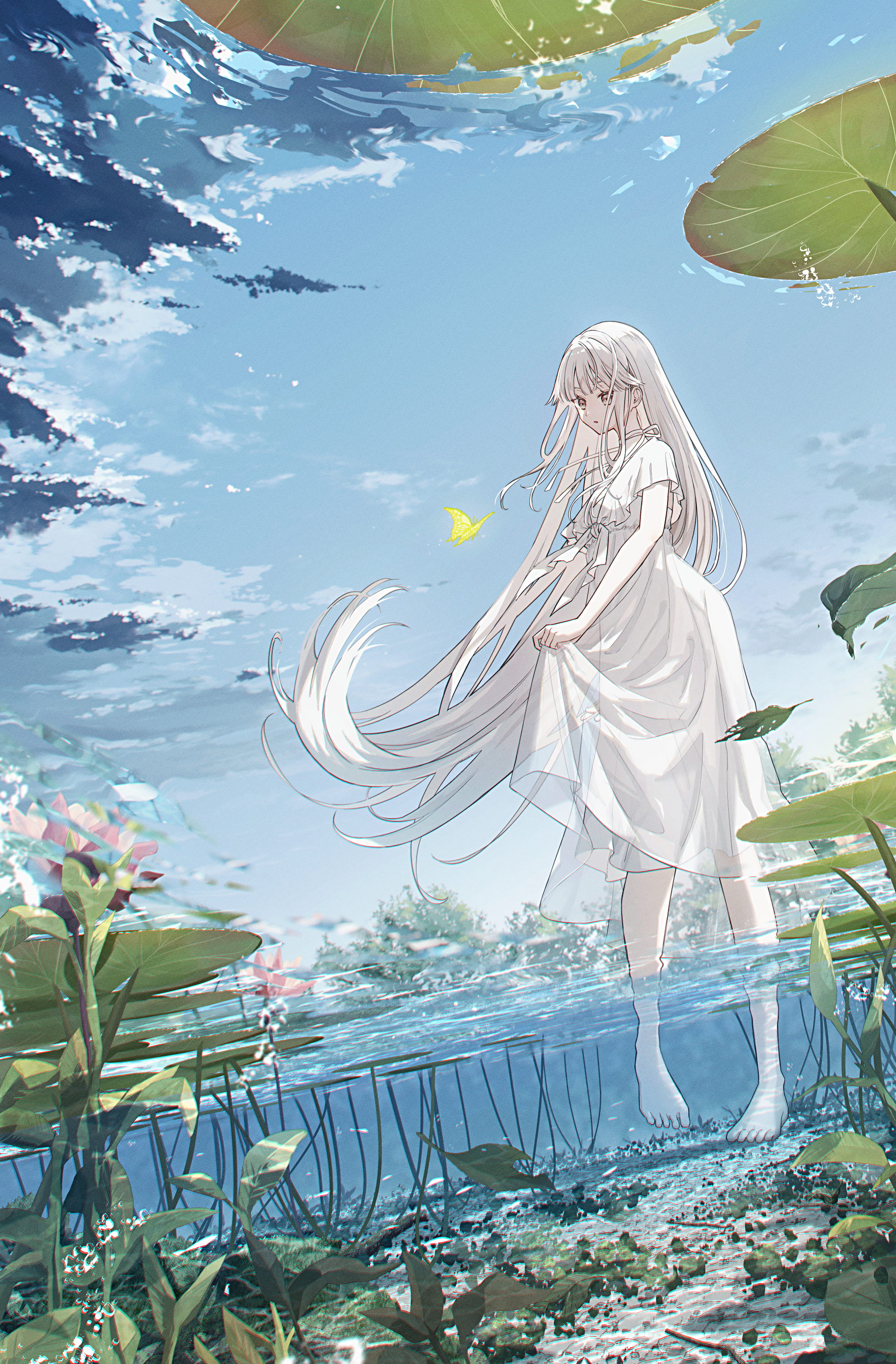 Anime 1875x2853 original characters anime girls dress white dress water clouds butterfly water lilies