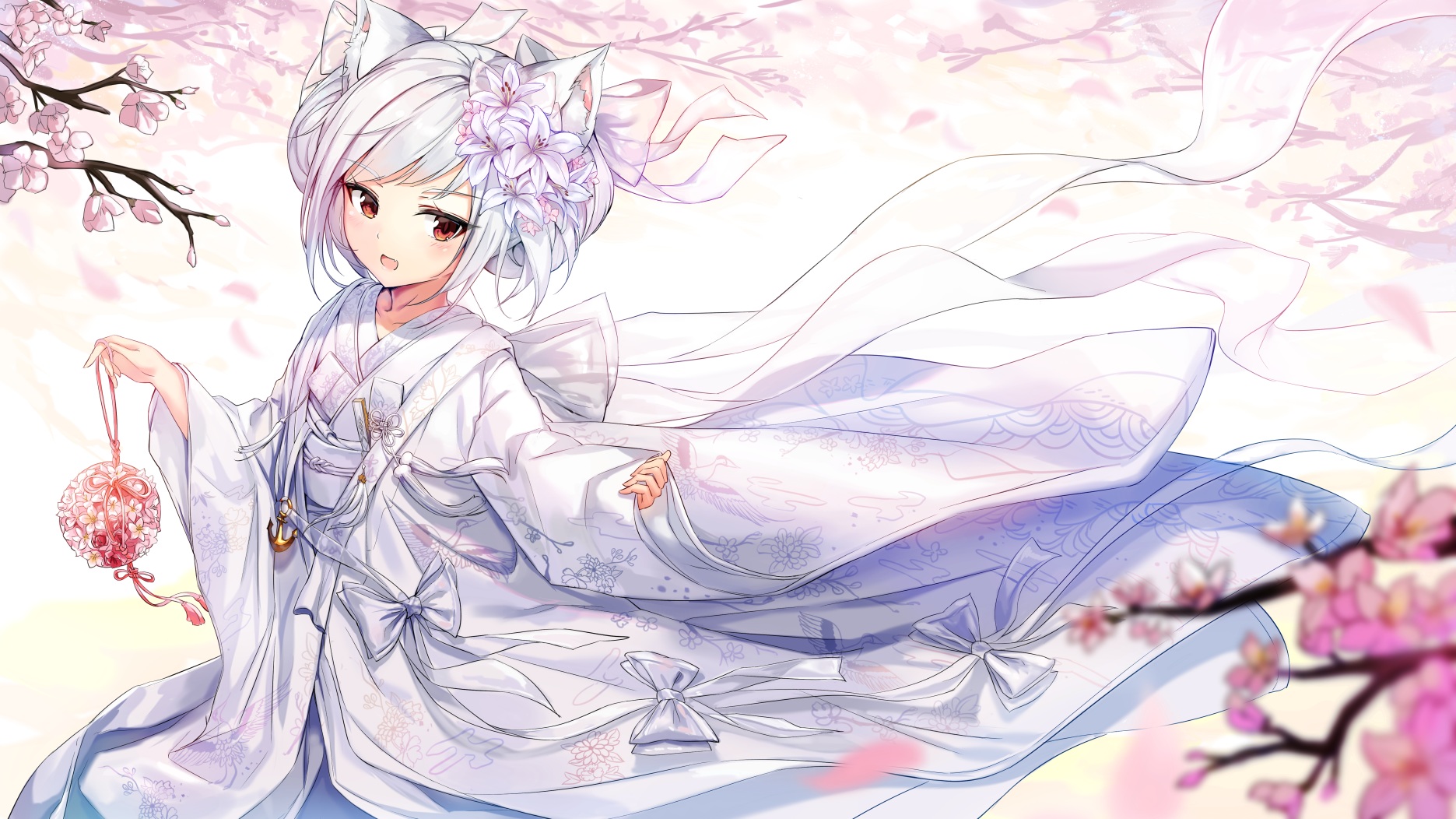 Anime 1871x1052 Azur Lane white hair Yukikaze (Azur Lane) blossoms anime girls dress flower garden flowers white dress flower in hair petals animal ears