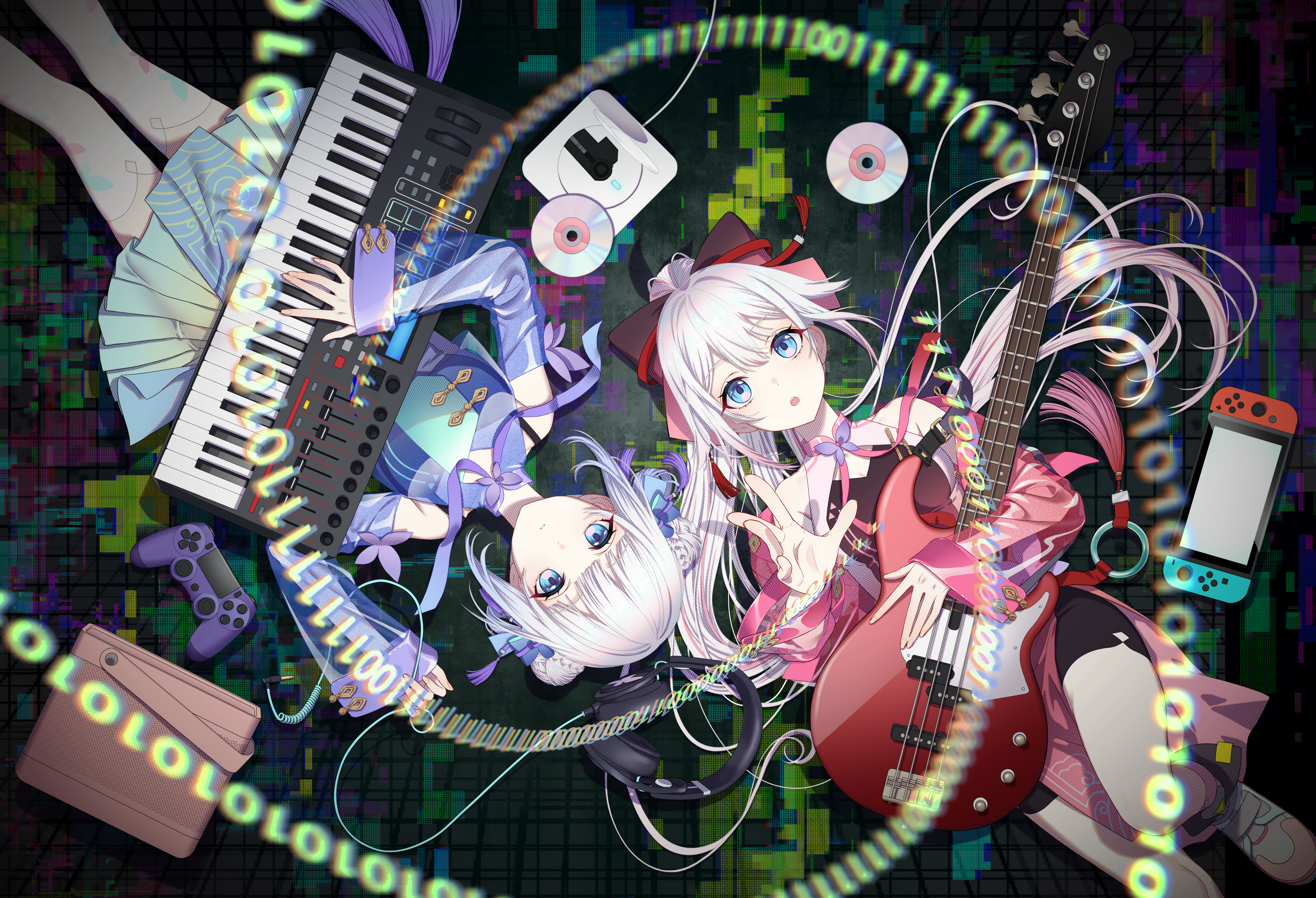 Anime 5500x3755 tacitly anime two women top view musical instrument anime girls guitar piano lying on back controllers headphones Nintendo Switch arms reaching