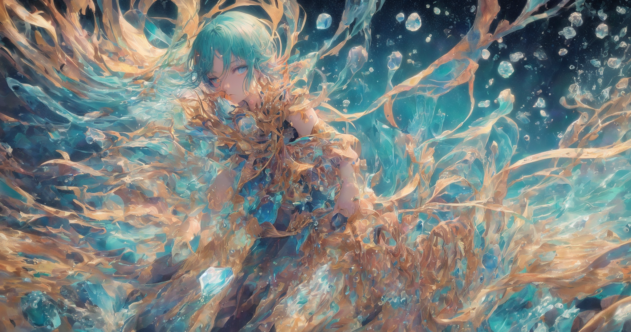 Anime 2048x1080 Magical Baekto (Last Origin) anime girls in water blue hair blue eyes AI art digital art water