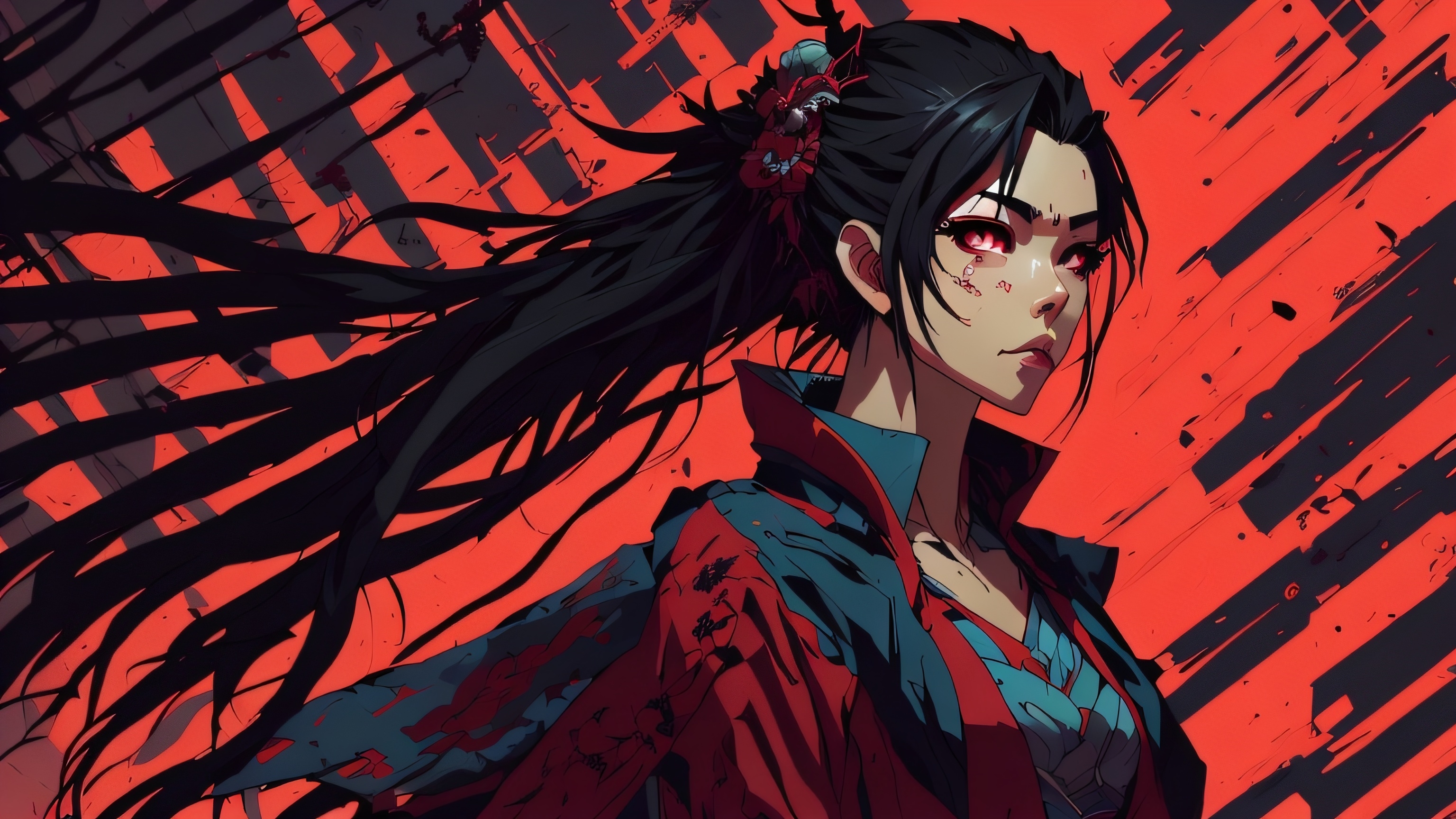Anime 3072x1728 AI art red black hair red eyes Japanese clothes looking at viewer long hair