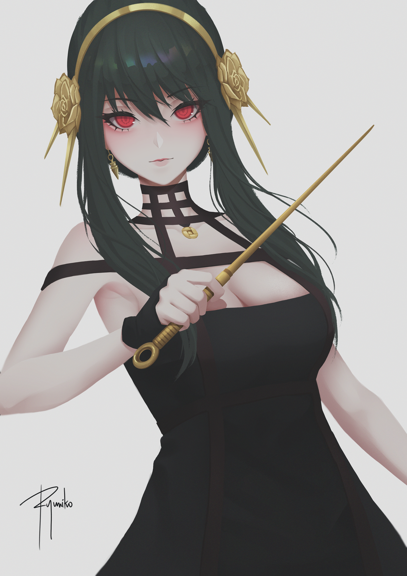 Anime 1414x2000 ryumiko white background minimalism Spy x Family Yor Forger black hair red eyes cleavage choker anime girls portrait display looking at viewer