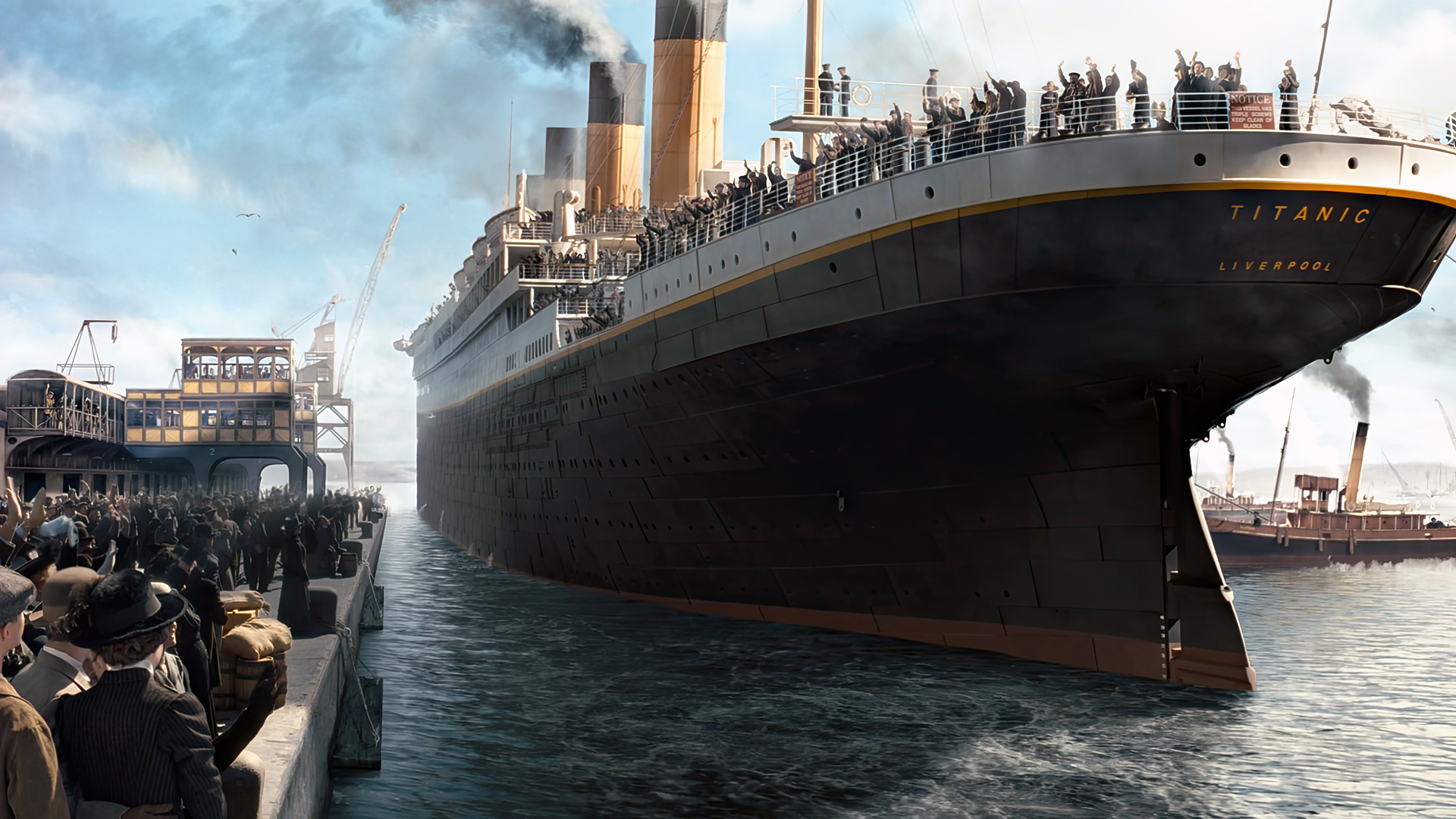 General 1920x1080 Titanic movies film stills James Cameron ship people water berth harbor crowd cranes (machine) Southampton (England) steam ship