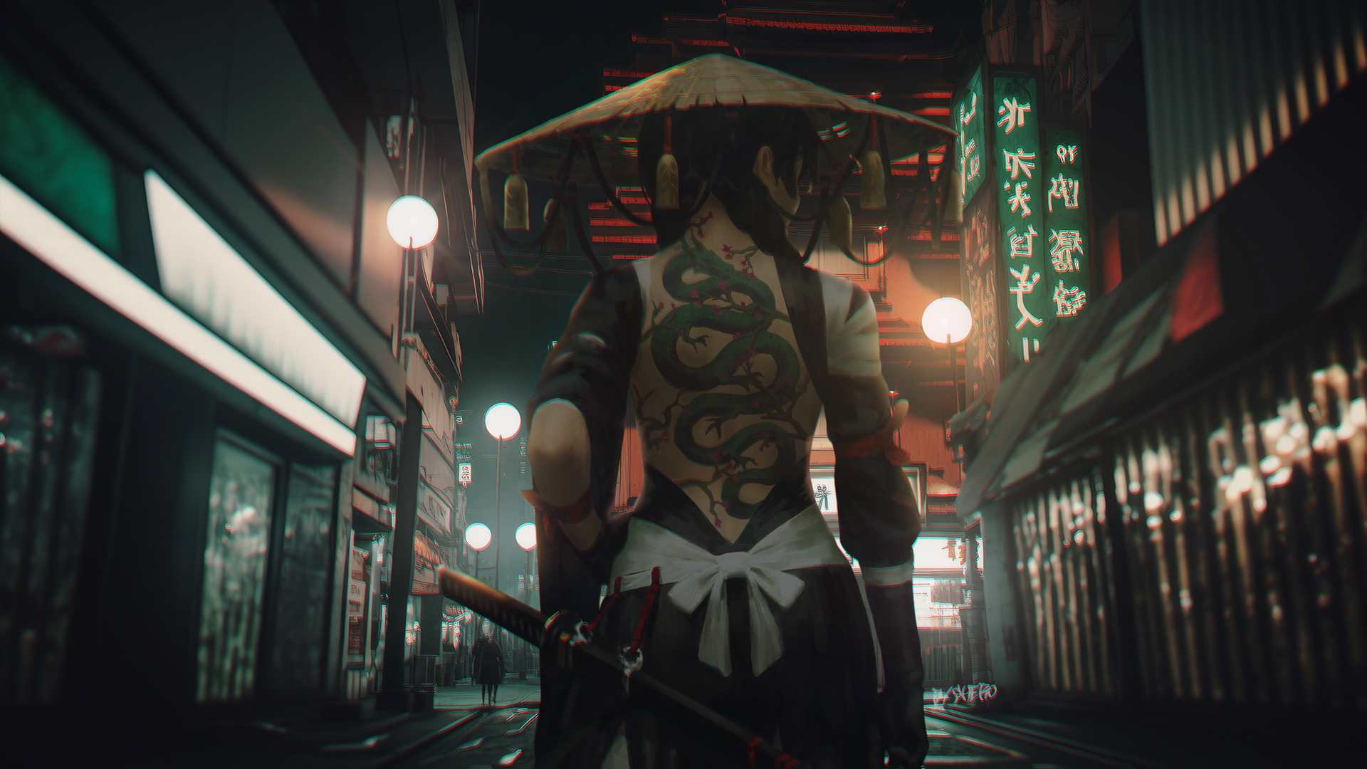 Anime 1920x1080 Japan anime samurai street art Light and Darkness Dragon Chinese dragon AI art anime girls bareback hat