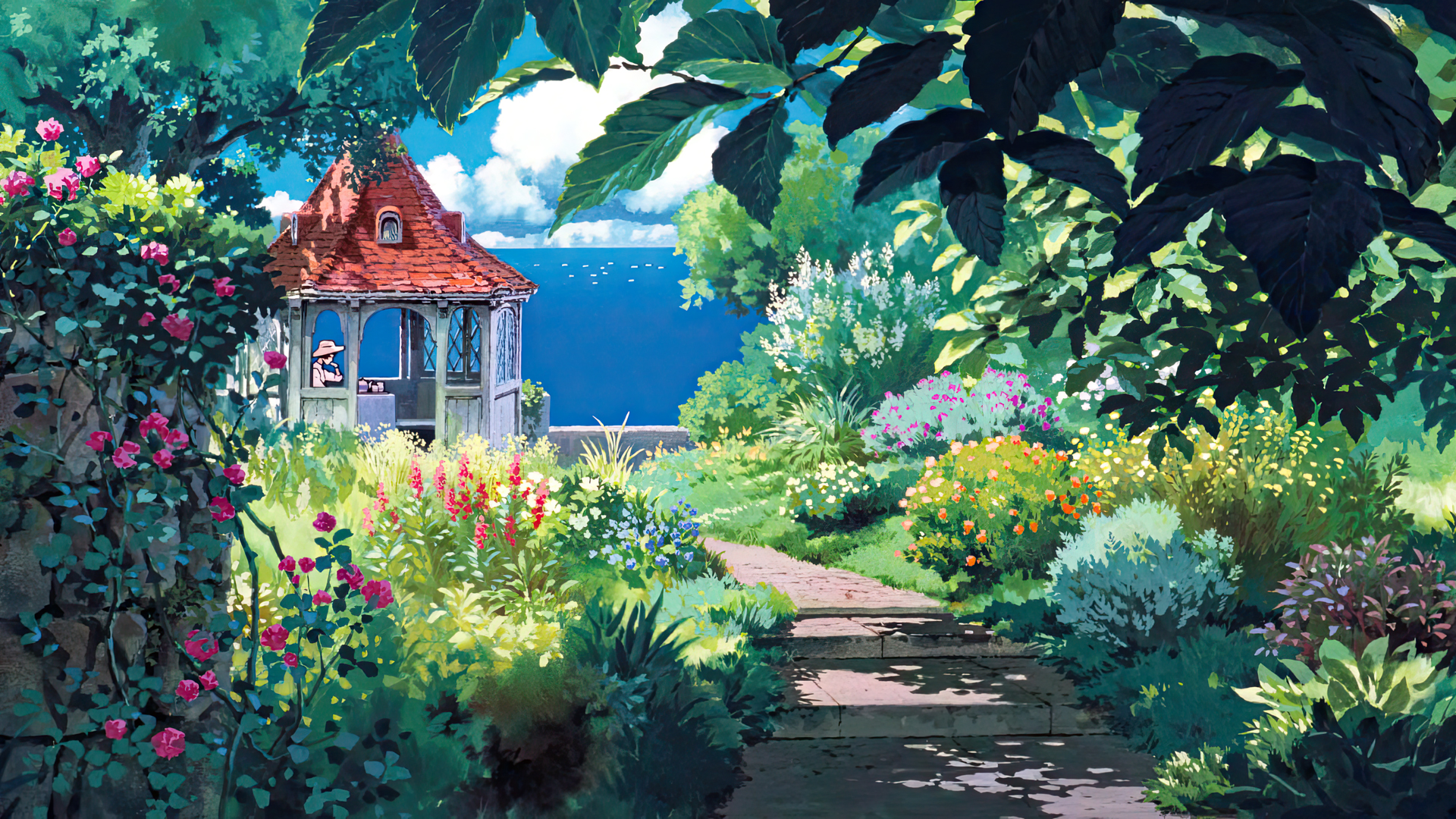 Anime 1920x1080 Porco Rosso Studio Ghibli animated movies film stills anime animation Hayao Miyazaki garden water sky clouds flowers leaves gazebo dappled sunlight