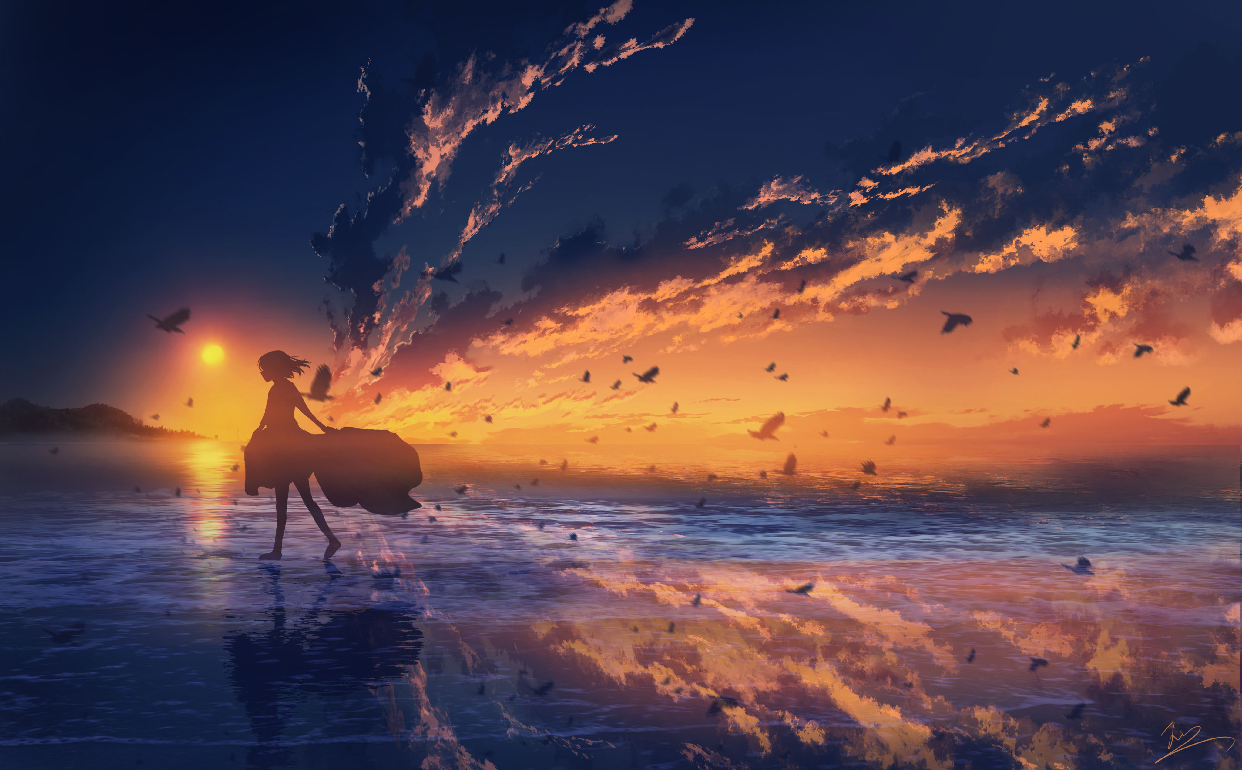 Anime 4096x2541 artwork sky sunset sea reflection seagulls anime sunset glow horizon digital art clouds