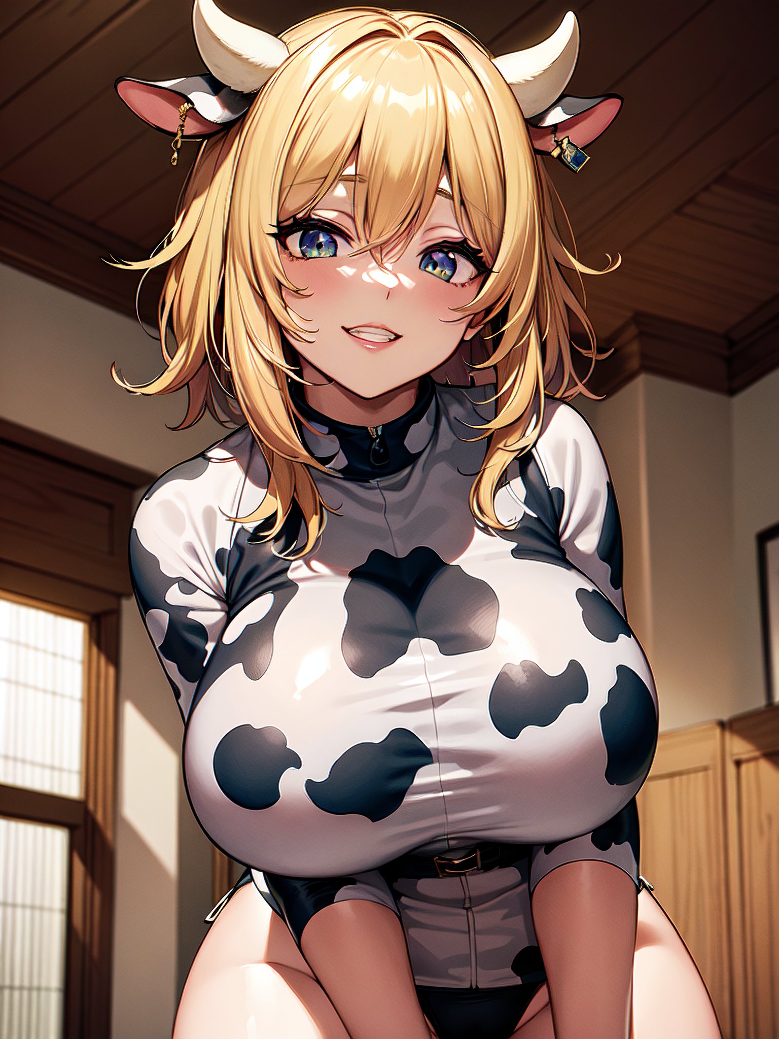 Anime 1536x2048 anime girls AI art portrait display cow girl cow ears big boobs looking at viewer short hair horns blue eyes blonde hair between eyes