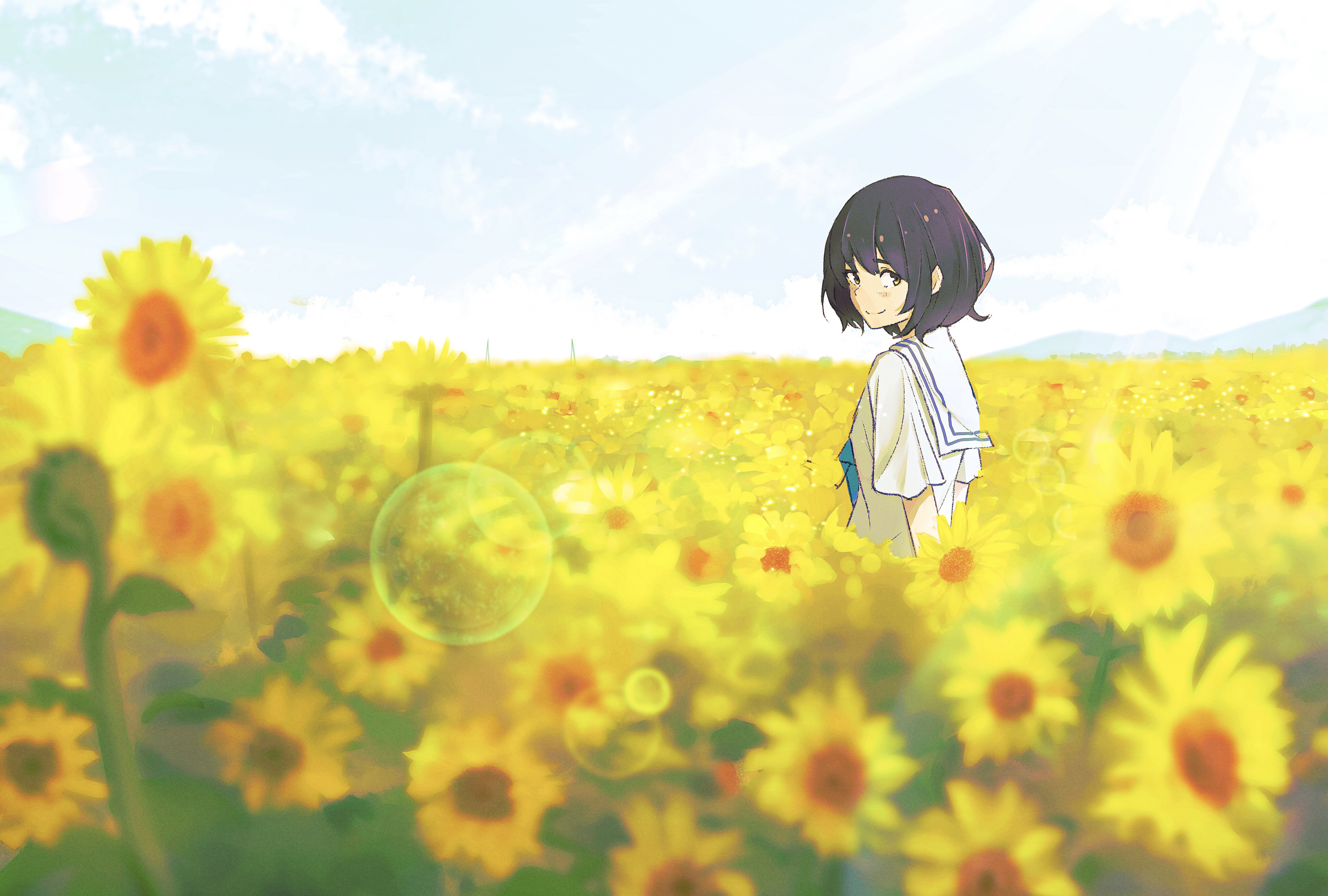 Anime 4090x2759 anime girls anime sunflowers black hair school uniform field looking at viewer Oka Kojiro flowers schoolgirl smiling looking back short hair clouds sky