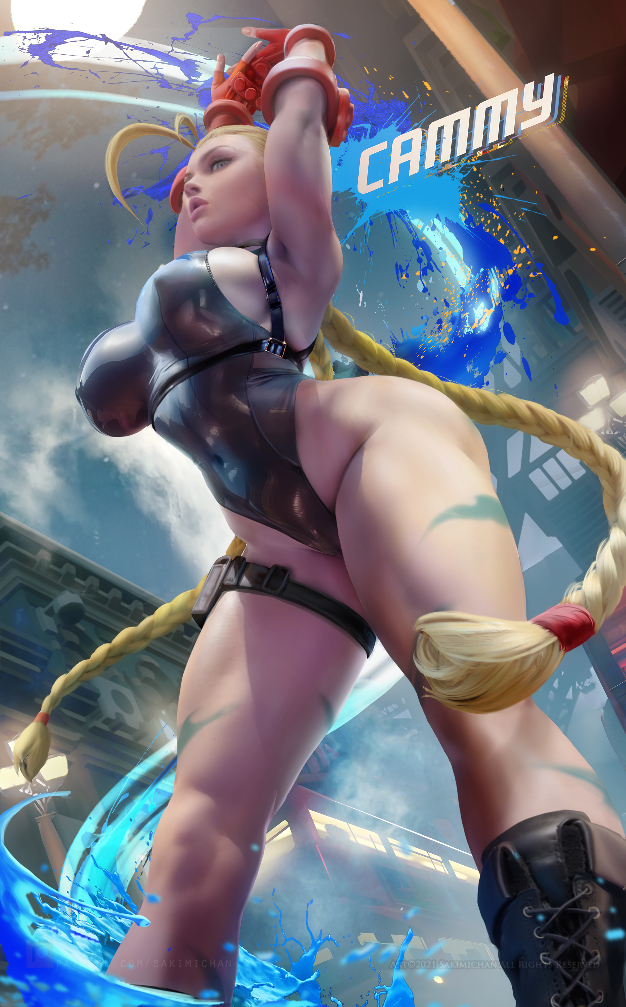 General 2175x3500 Cammy White Street Fighter video games video game characters video game girls fighting games blonde twintails braids low-angle bodysuit 2D artwork drawing fan art Sakimichan thighs portrait display gloves fingerless gloves big boobs looking at viewer long hair digital art watermarked arms up worm's eye view armpits black leotard