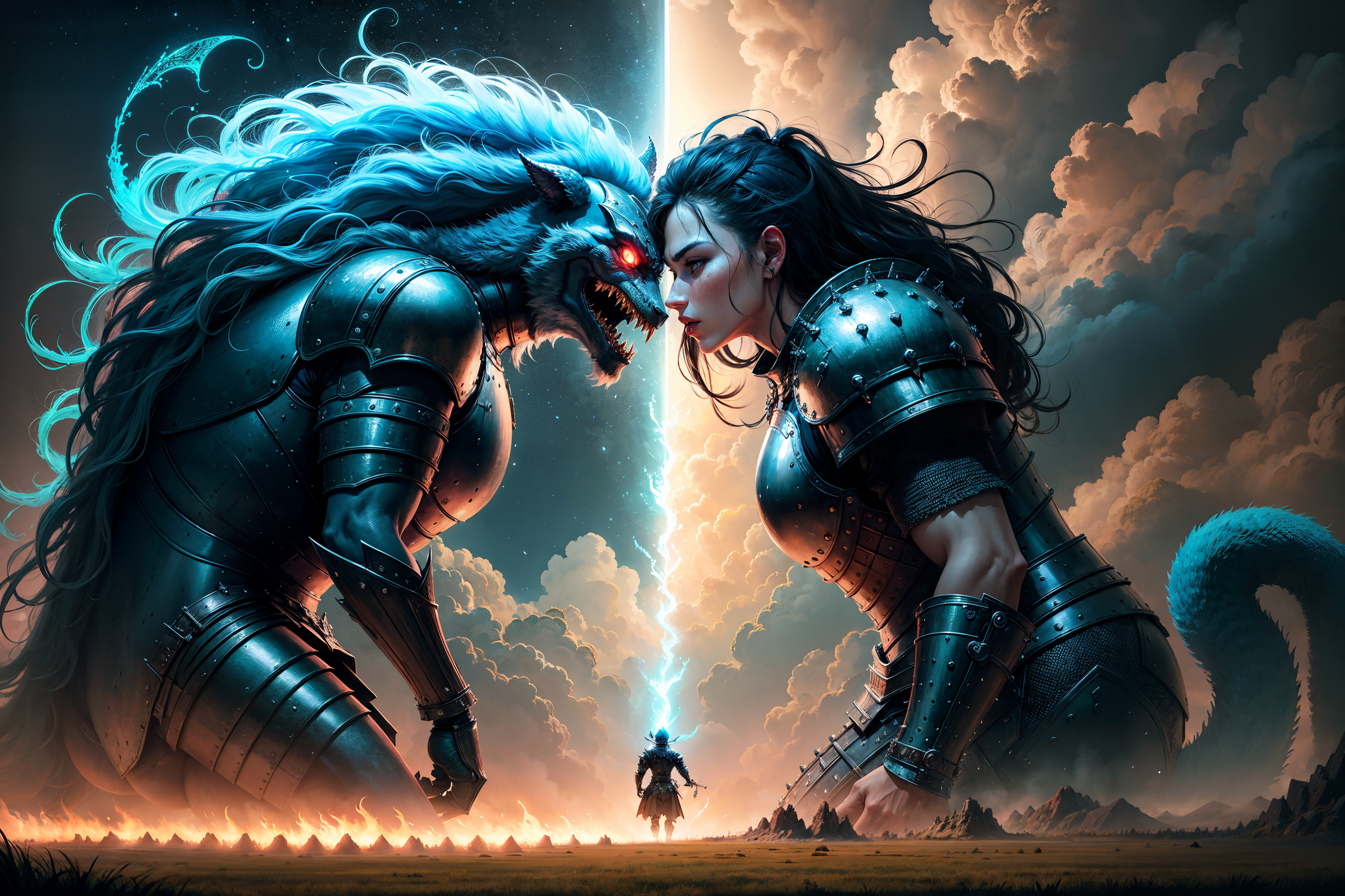 General 3072x2048 giant giant dragon warrior female warrior long hair AI art digital art red eyes tail armor clouds lightning