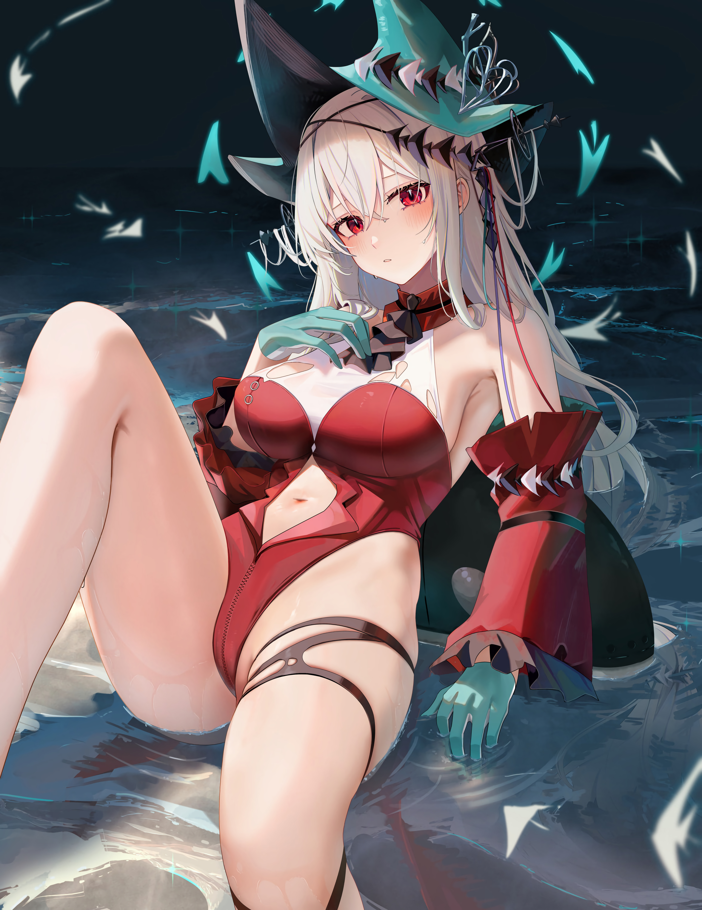 Anime 2352x3048 anime girls anime games Arknights lip slip red eyes thighs water swimwear gloves portrait display blushing belly button long hair looking at viewer Skadi (Arknights) fish two tone gloves boobs