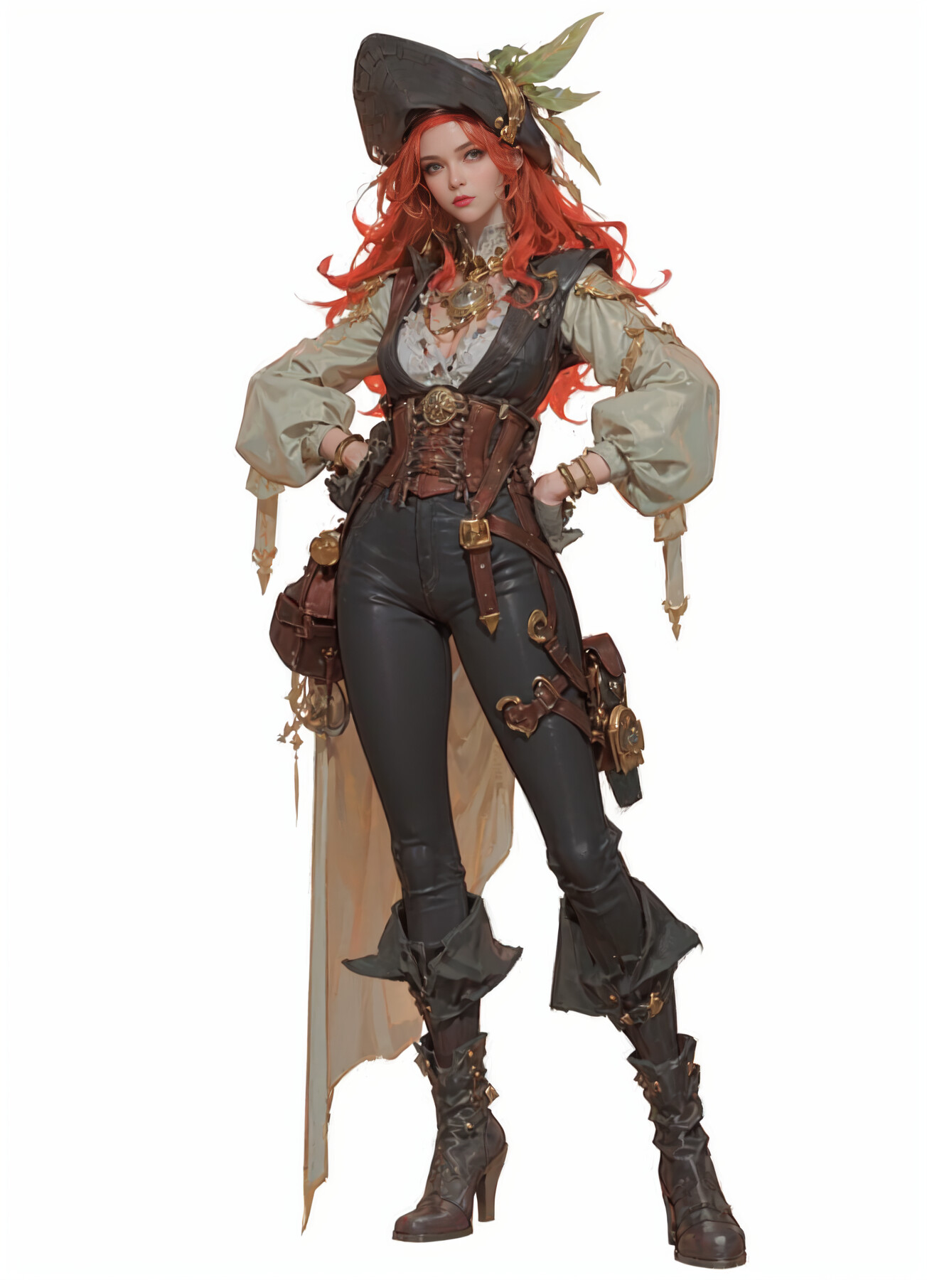 General 1304x1800 Peter Kaws drawing women redhead pirate girl white background AI art simple background hands on hips long hair gloves boots