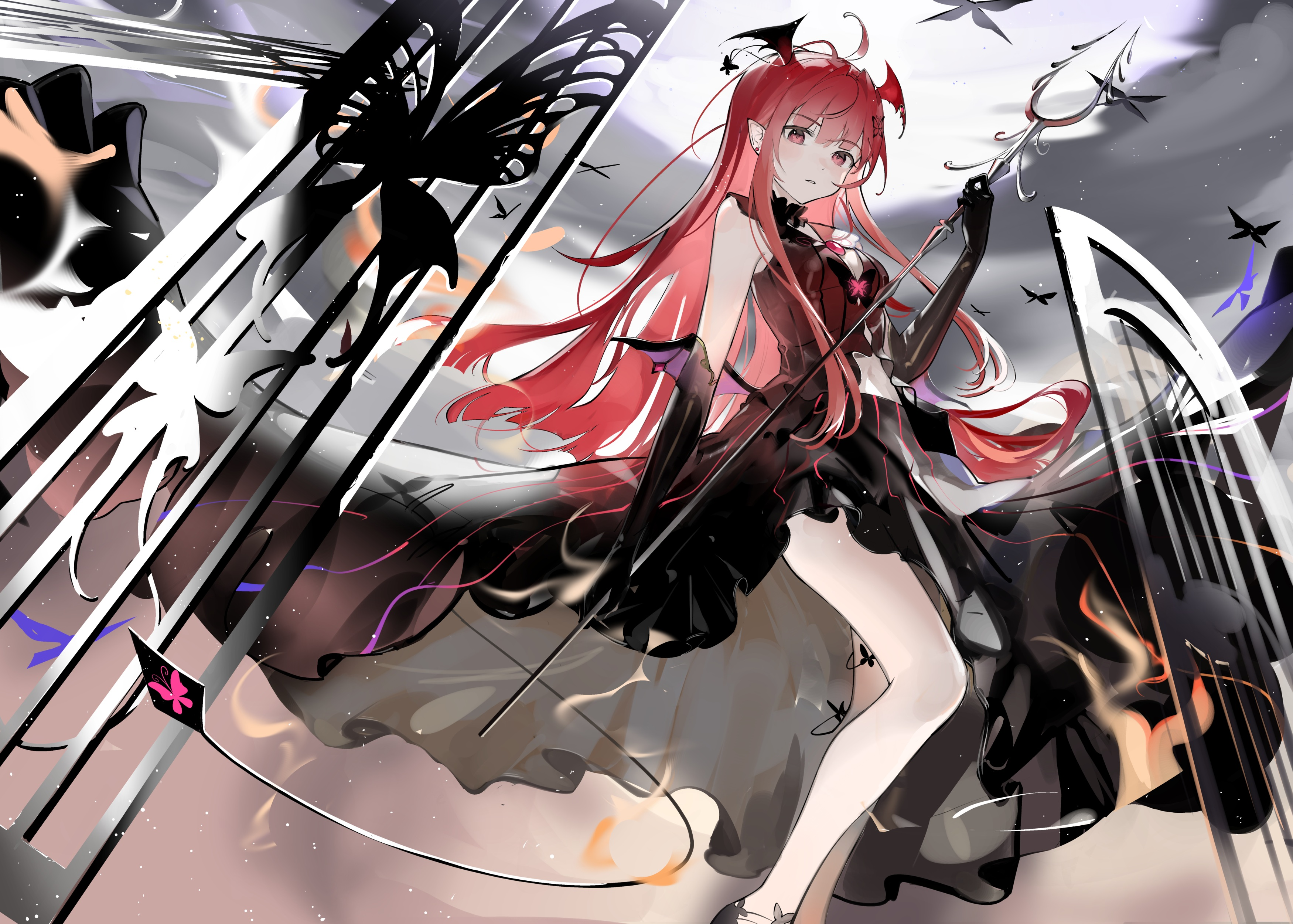 Anime 3500x2500 anime anime girls redhead wings dress elbow gloves looking at viewer clouds sky pointy ears weapon tail long hair