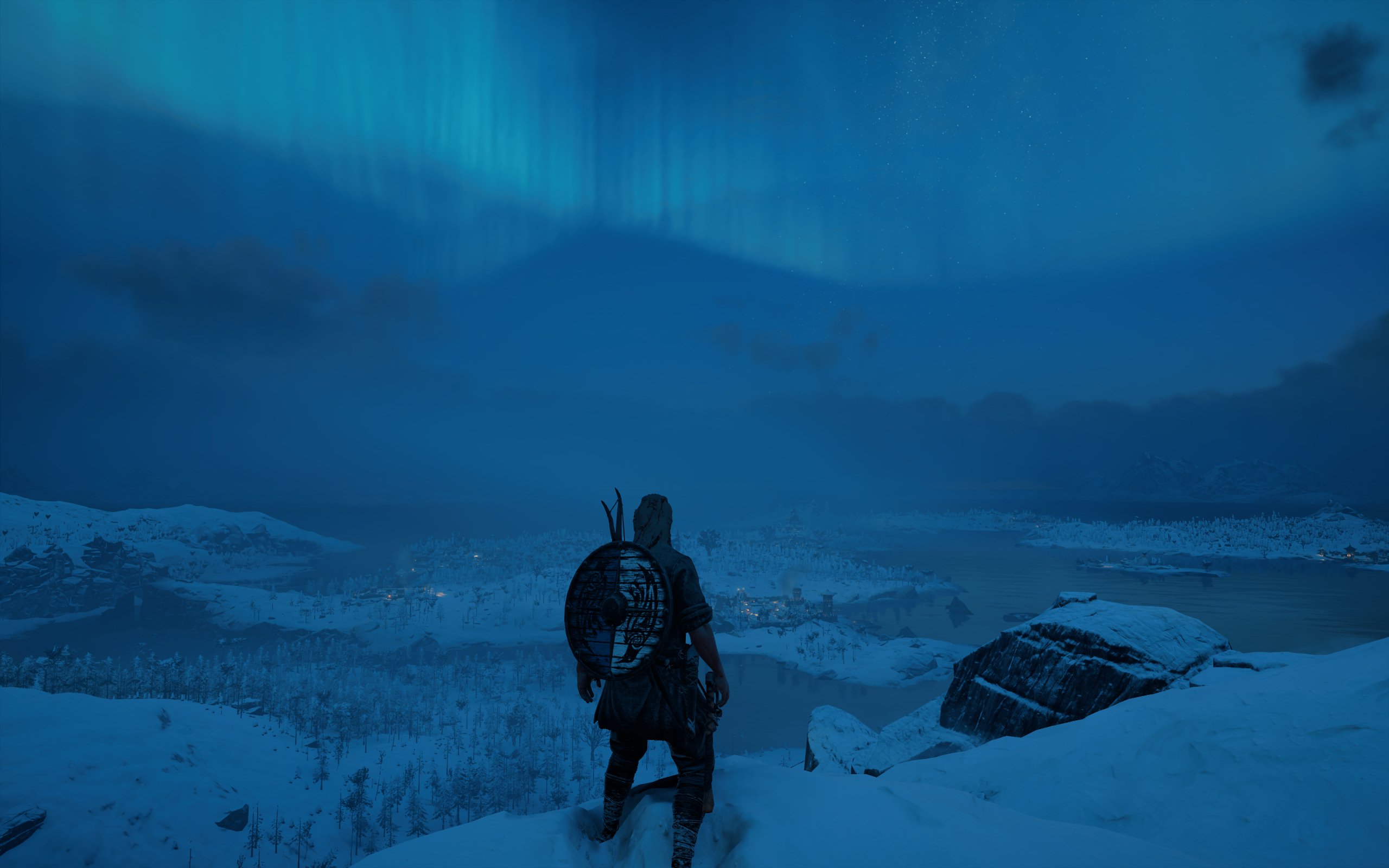 General 2560x1600 Assassin's Creed: Valhalla screen shot video games CGI snow Ubisoft aurorae sky night landscape nature
