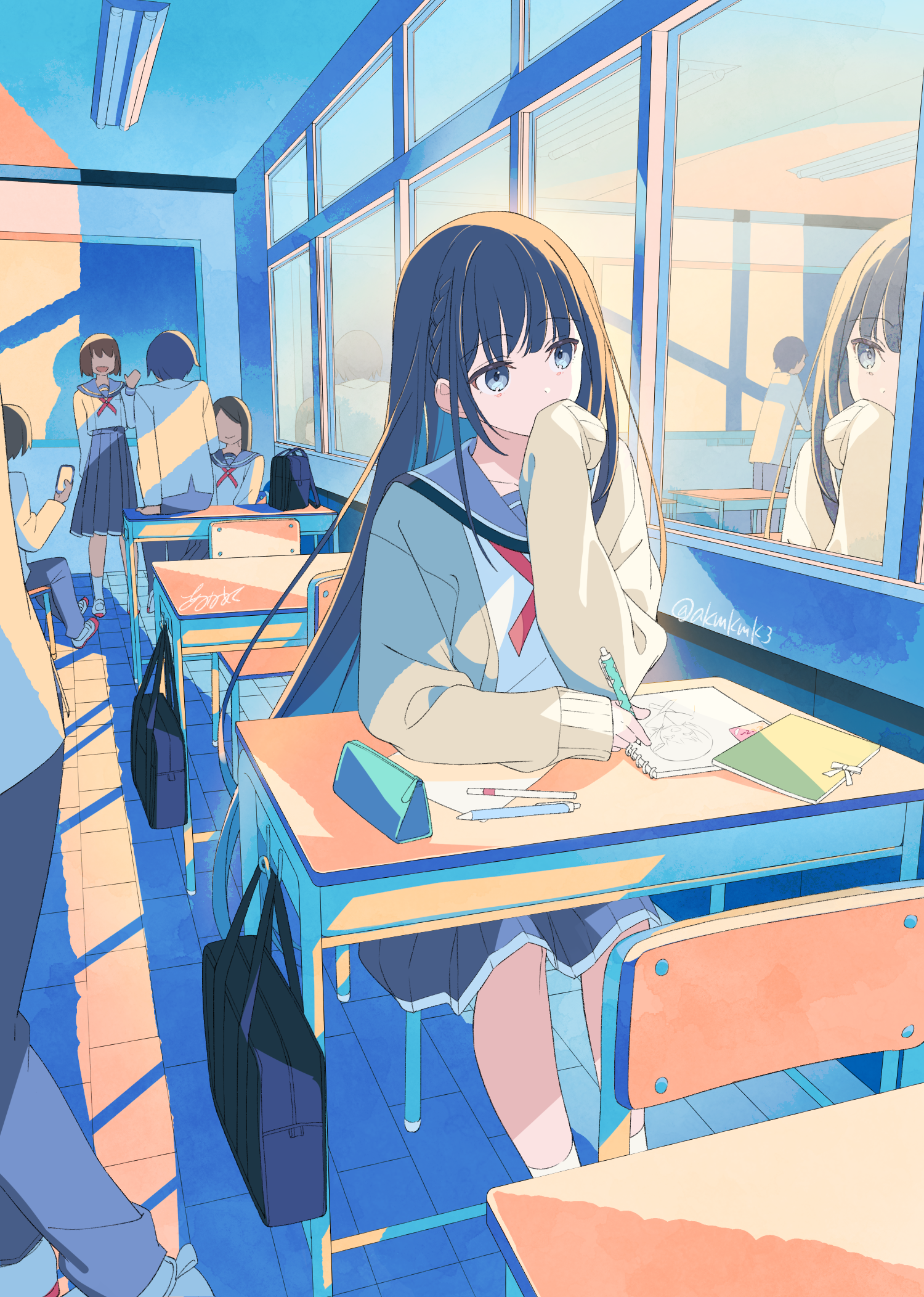 Anime 1500x2104 anime girls blue eyes portrait display classroom schoolgirl school uniform reflection window sitting short hair