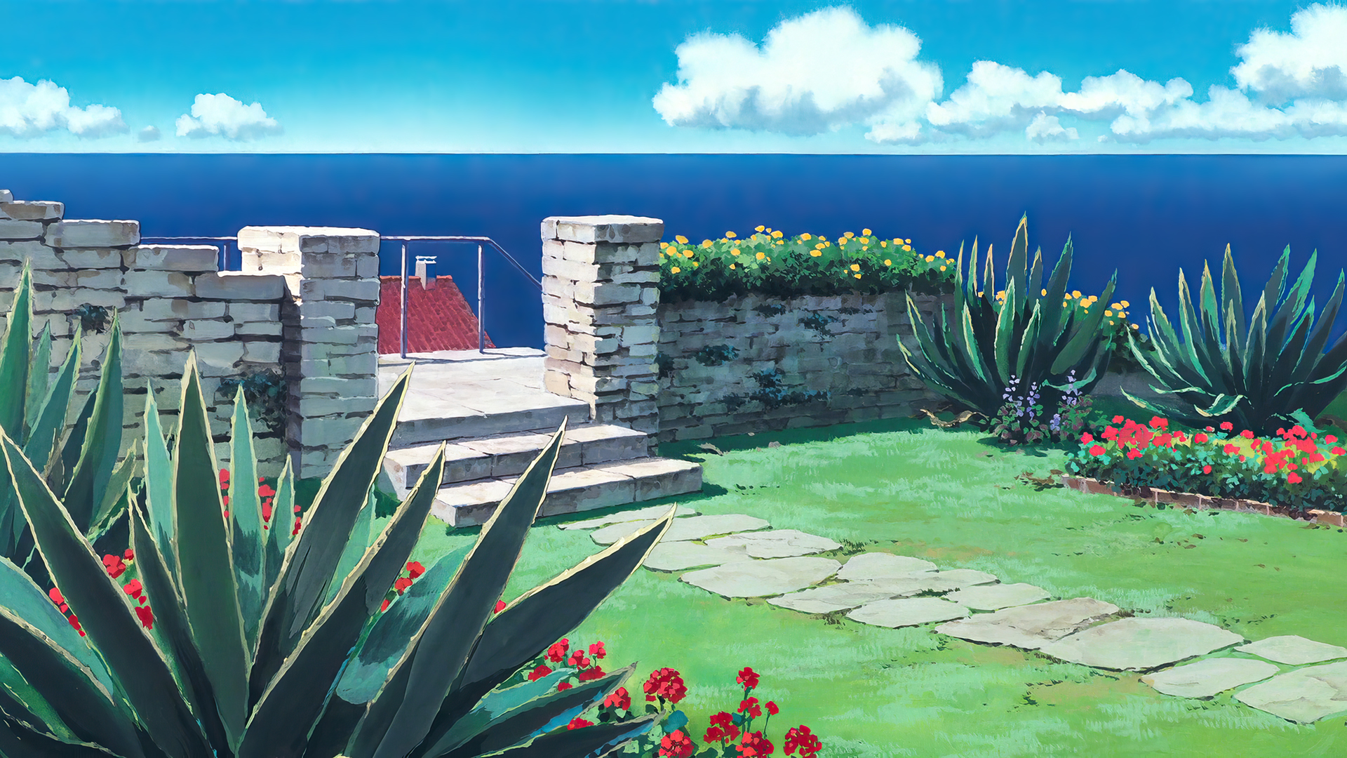 Anime 1920x1080 Kiki's Delivery Service animated movies anime animation film stills Studio Ghibli Hayao Miyazaki sky clouds water plants stairs flowers path stone fence