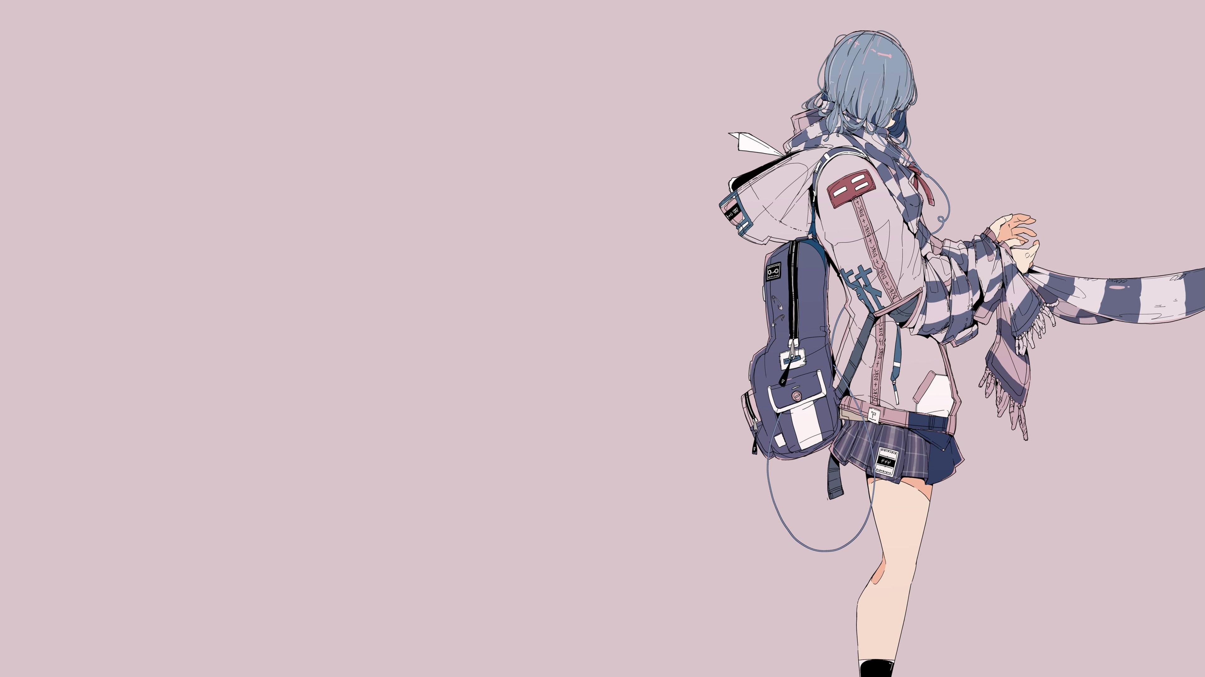Anime 3840x2160 daisukerichard anime girls original characters minimalism backpacks simple background scarf brown background
