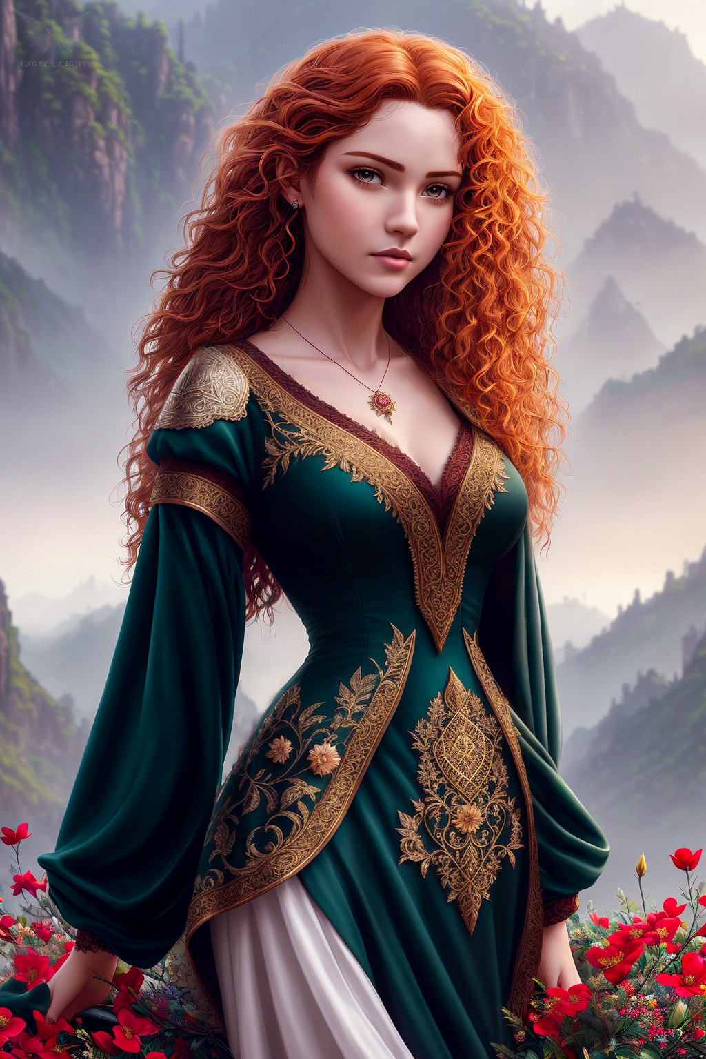 General 1024x1536 AI art Angel Light Disney princesses outdoors slim body redhead daylight Princess Merida mountains flowers gown looking at viewer portrait display wavy hair necklace dress