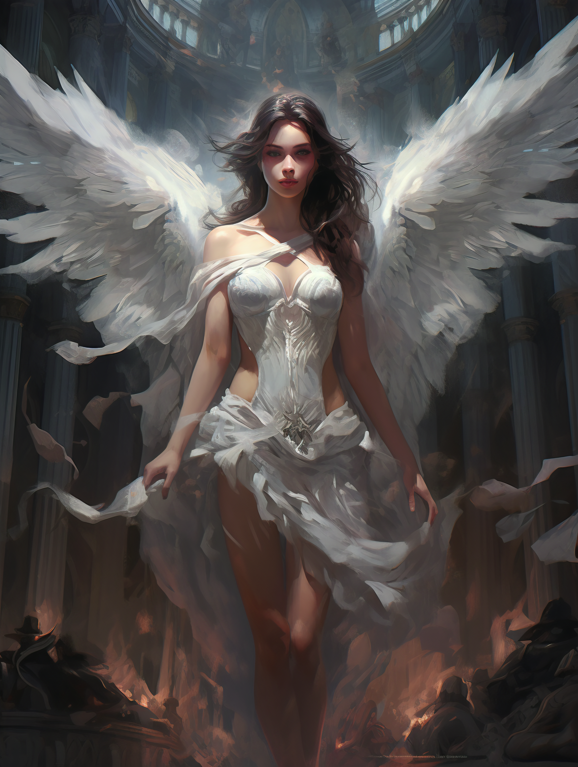 General 1856x2464 wings white dress black hair angel bare shoulders AI art dress looking at viewer long hair angel wings portrait display