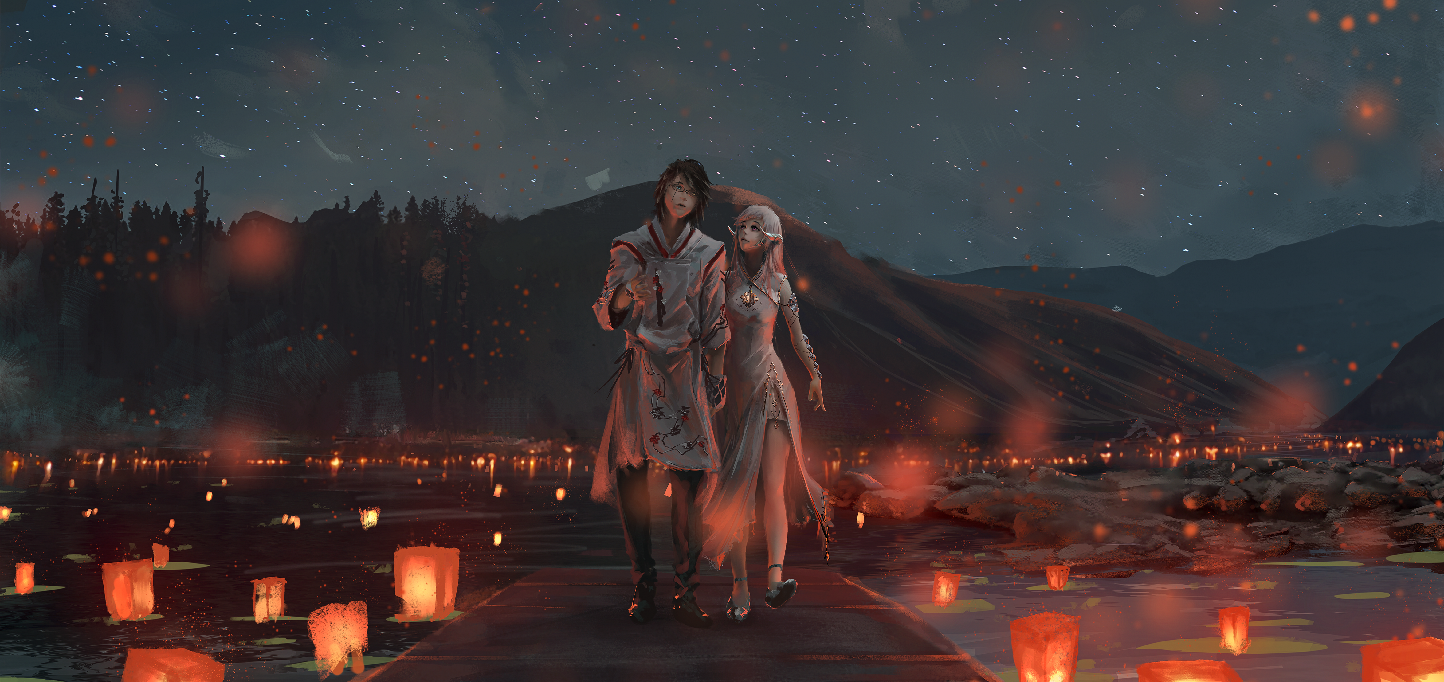 General 4700x2220 artwork digital art fantasy art illustration mountains trees lake walking holding hands white hair rocks lantern couple DeviantArt FloatingLeaf243 devil horns heterochromia paper lantern