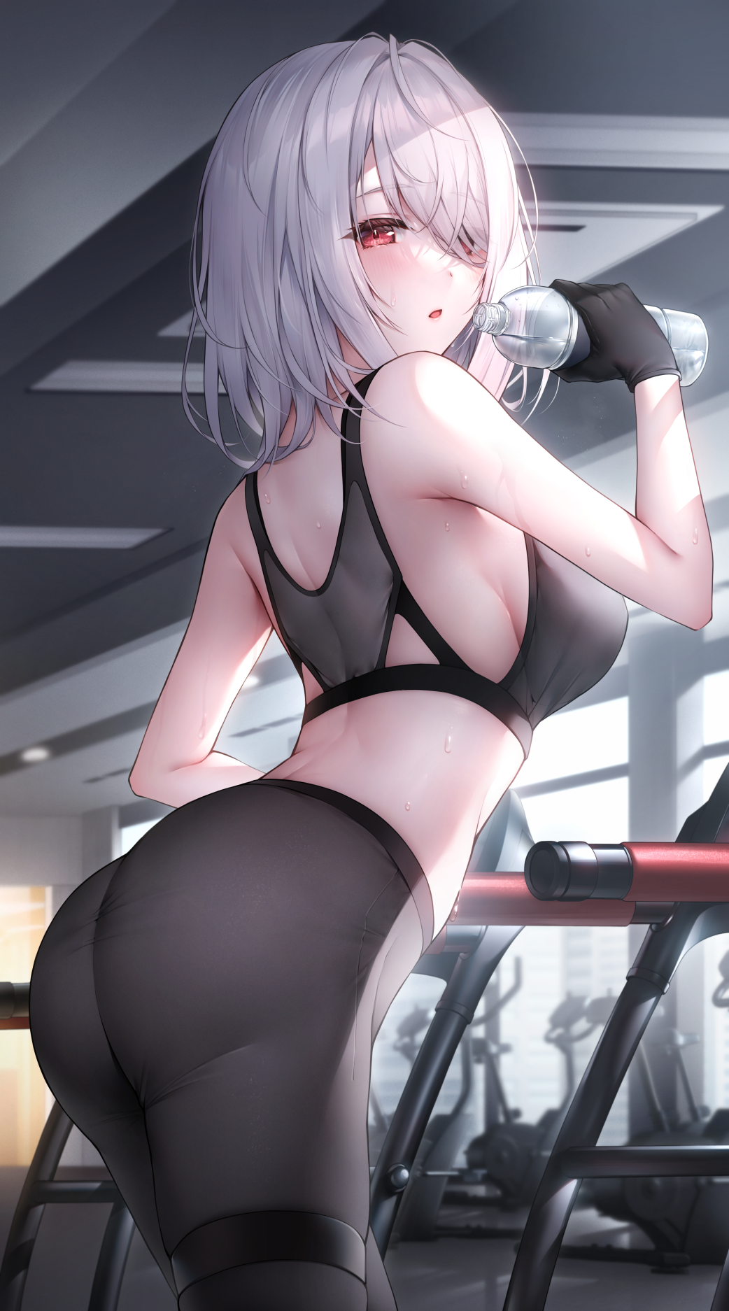 Anime 1042x1874 anime girls white hair red eyes yoga pants sideboob portrait display looking at viewer anime looking over shoulder ass water bottle black gloves gym equipment gloves arched back sunlight Oyuwari open mouth hair over one eye standing rear view sweat water bare shoulders gyms sports bra big boobs short hair