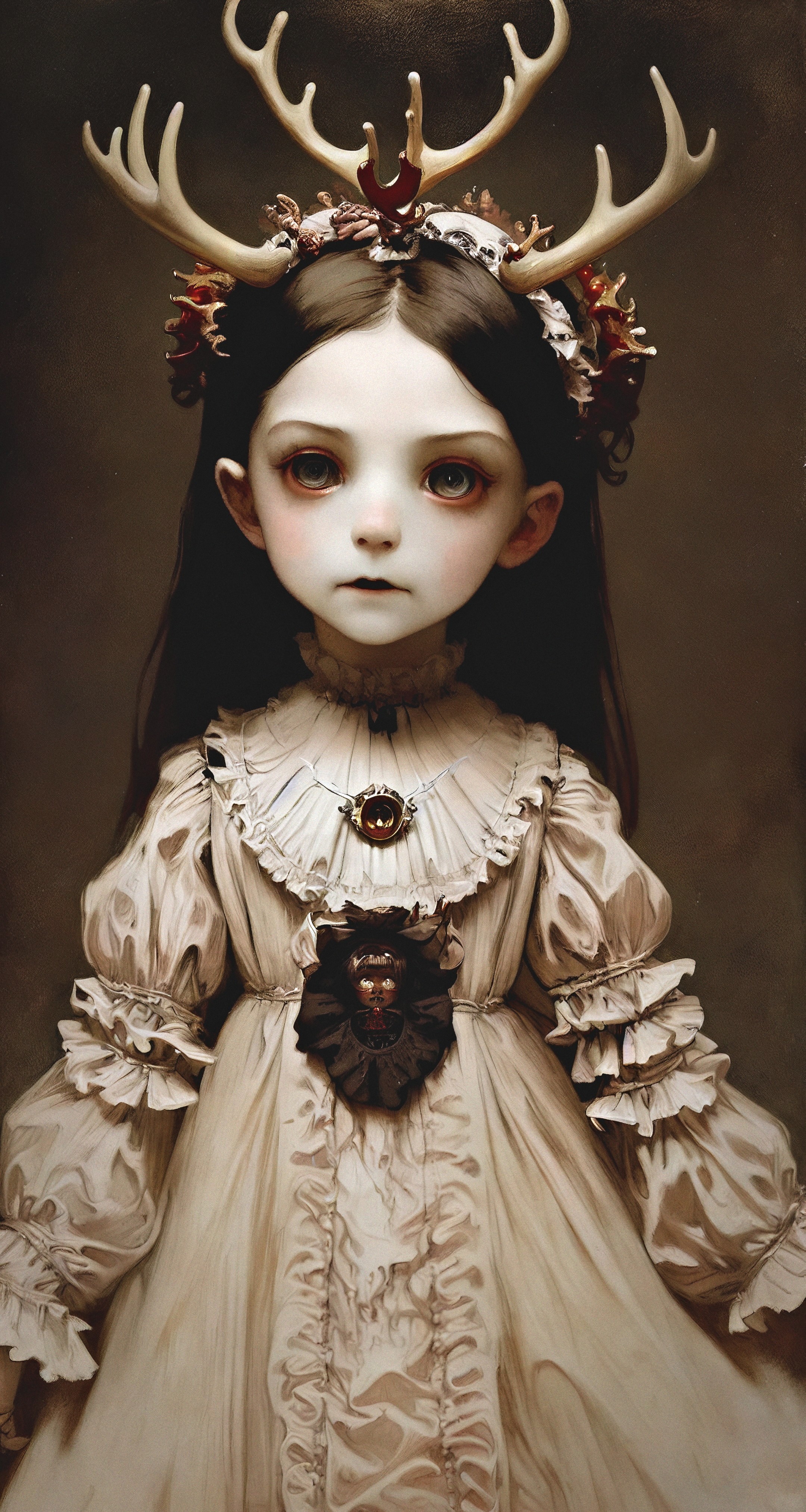 General 2160x4050 AI art women looking at viewer antlers black hair frills children white dress Stable Diffusion victorian clothes