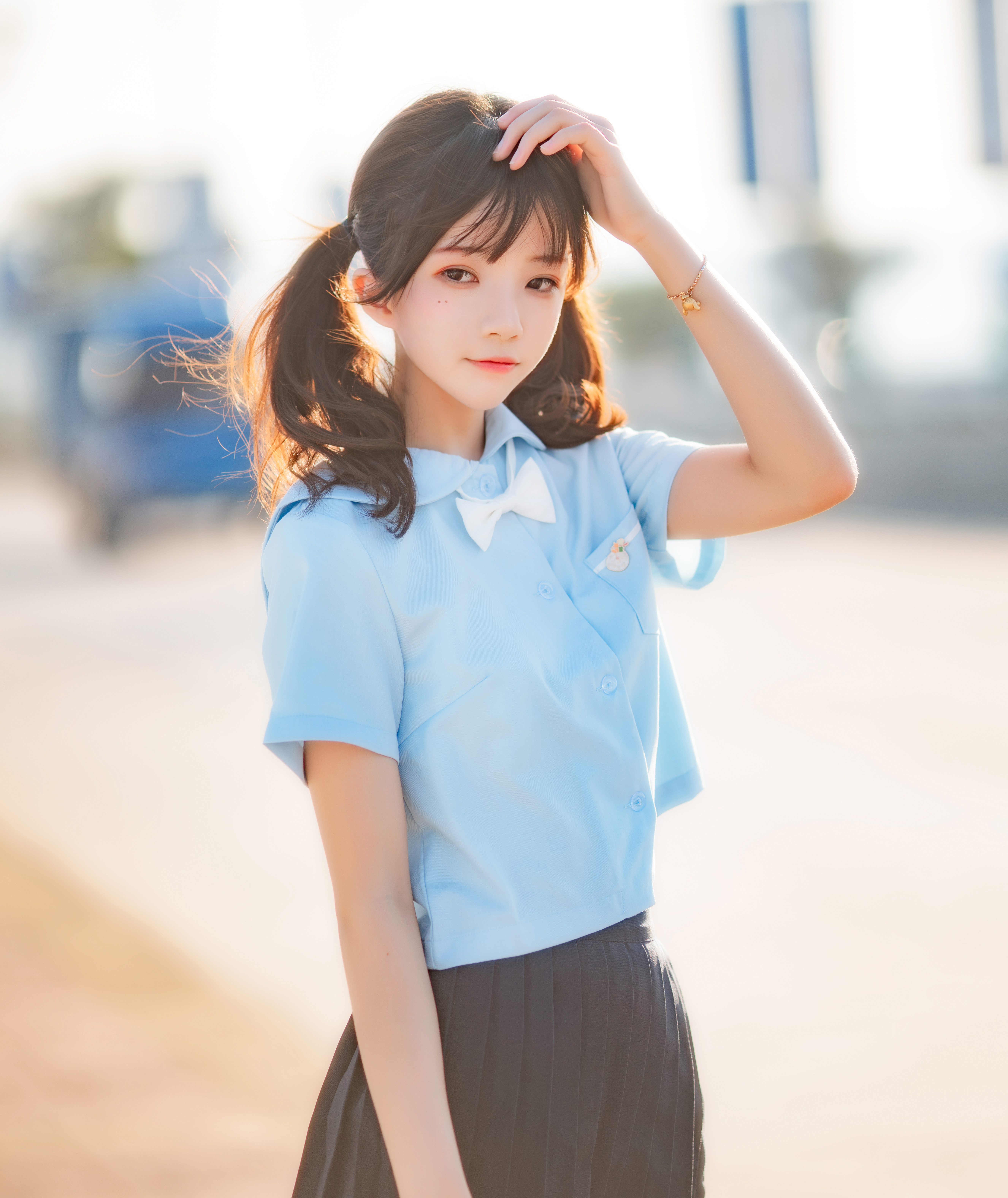 People 5304x6304 CherryNeko women model Asian cosplay JK schoolgirl school uniform brunette twintails women outdoors