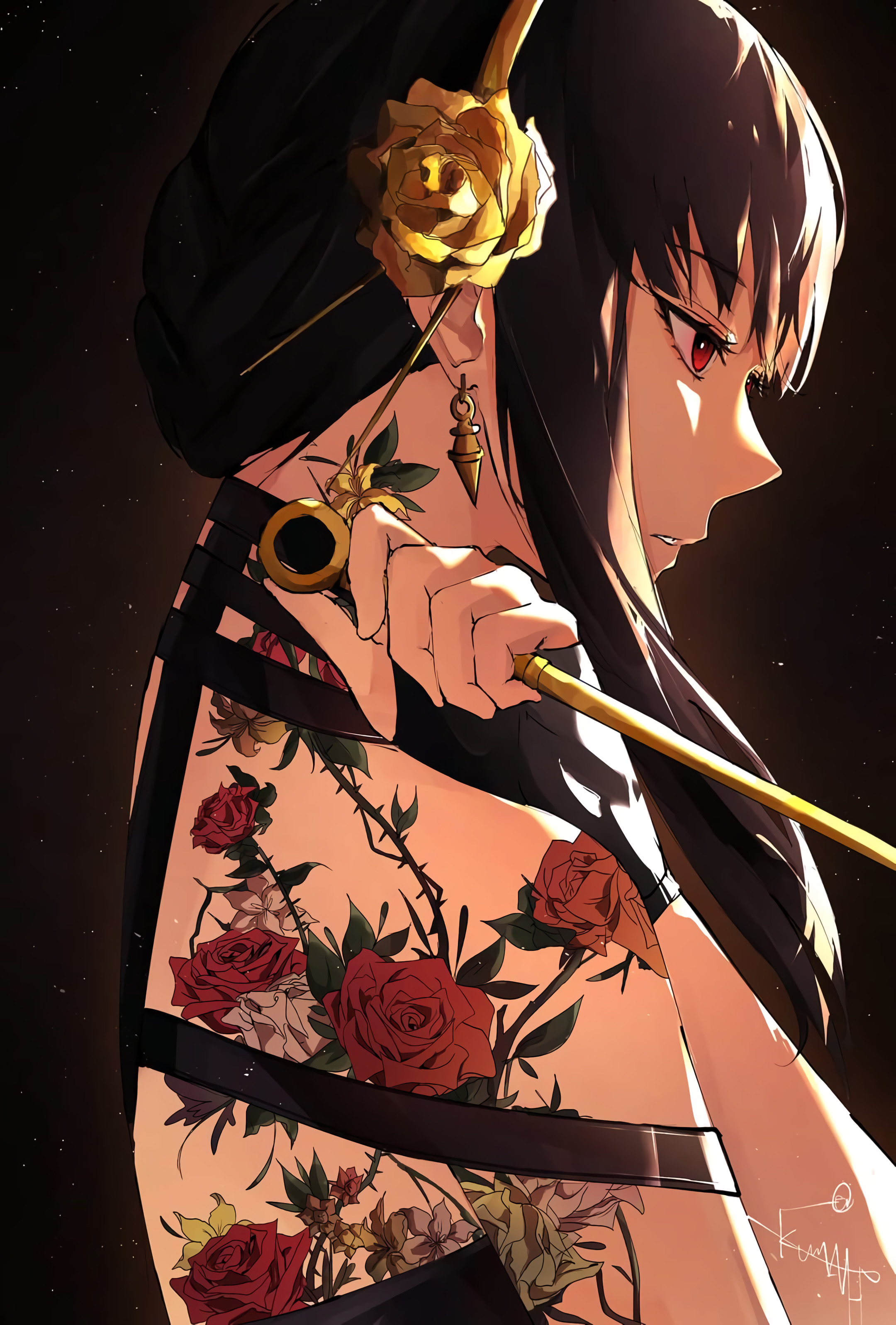 Anime 2160x3194 anime anime girls Yor Forger Spy x Family tattoo rose weapon looking away profile