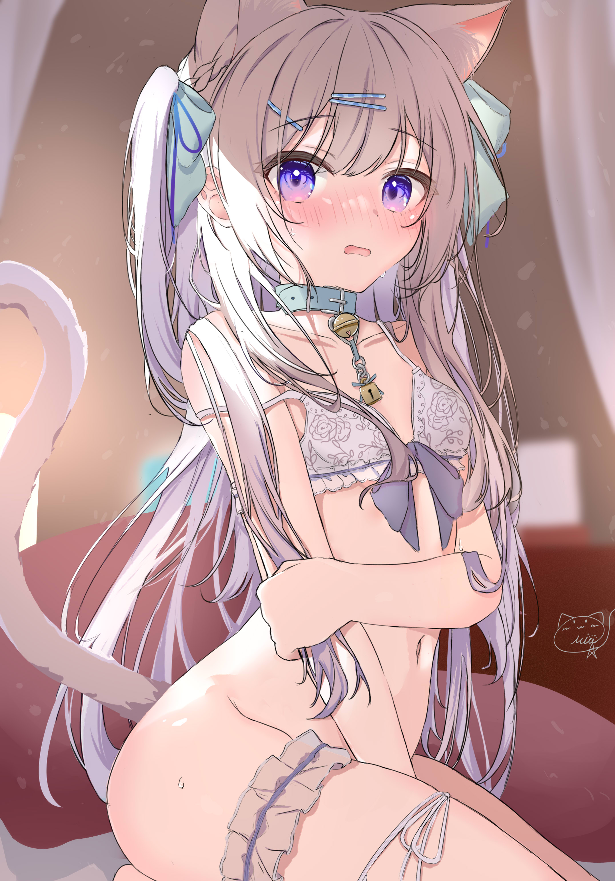 Anime 2152x3083 Hoshimiya Bia anime girls purple eyes bra bottomless cat girl cat ears cat tail lingerie collar long hair