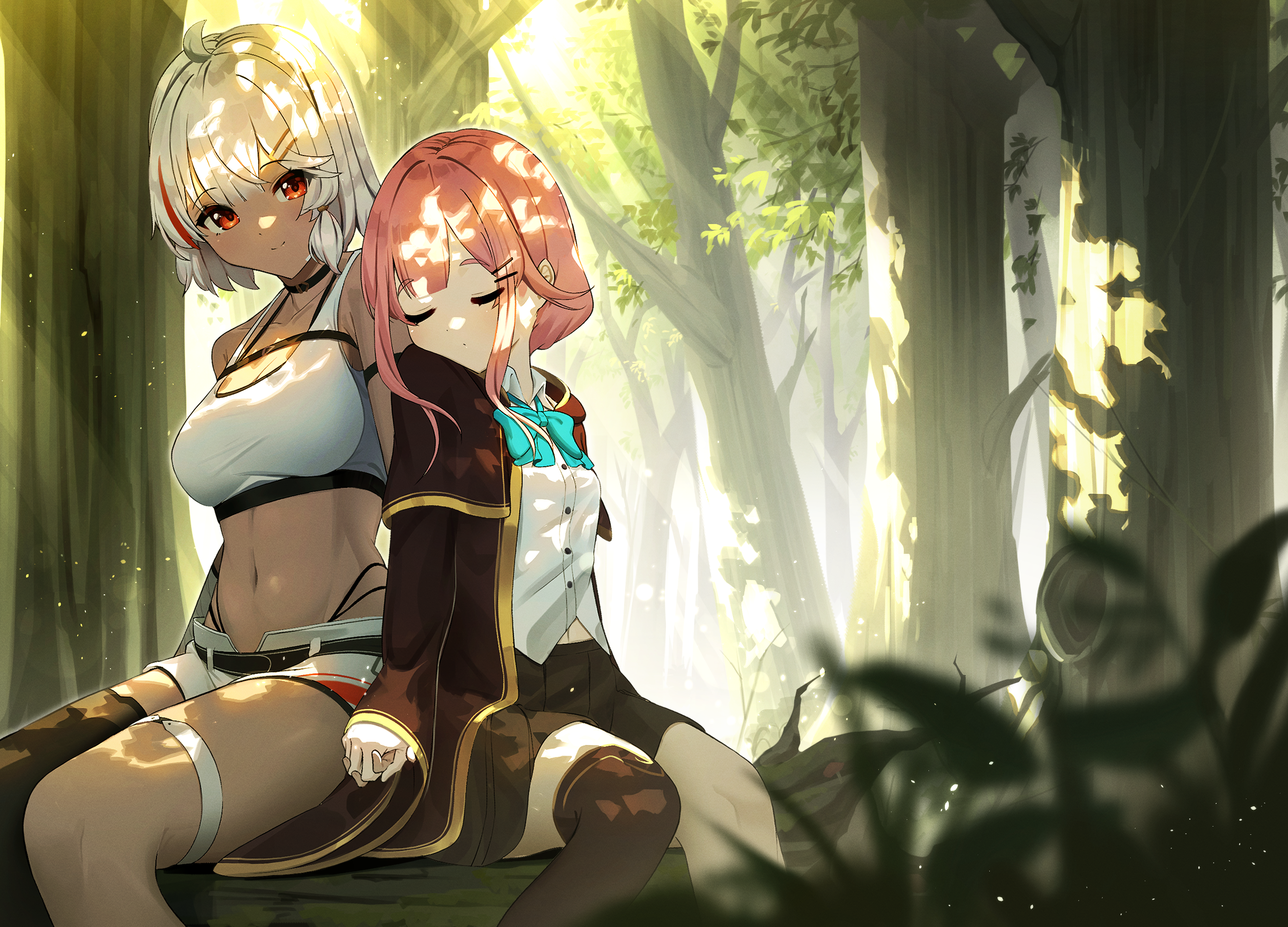 Anime 2669x1920 dark skin red eyes Pixiv women two women blonde redhead holding hands anime belly anime girls forest boobs looking at viewer closed eyes sleeping trees outdoors dappled sunlight