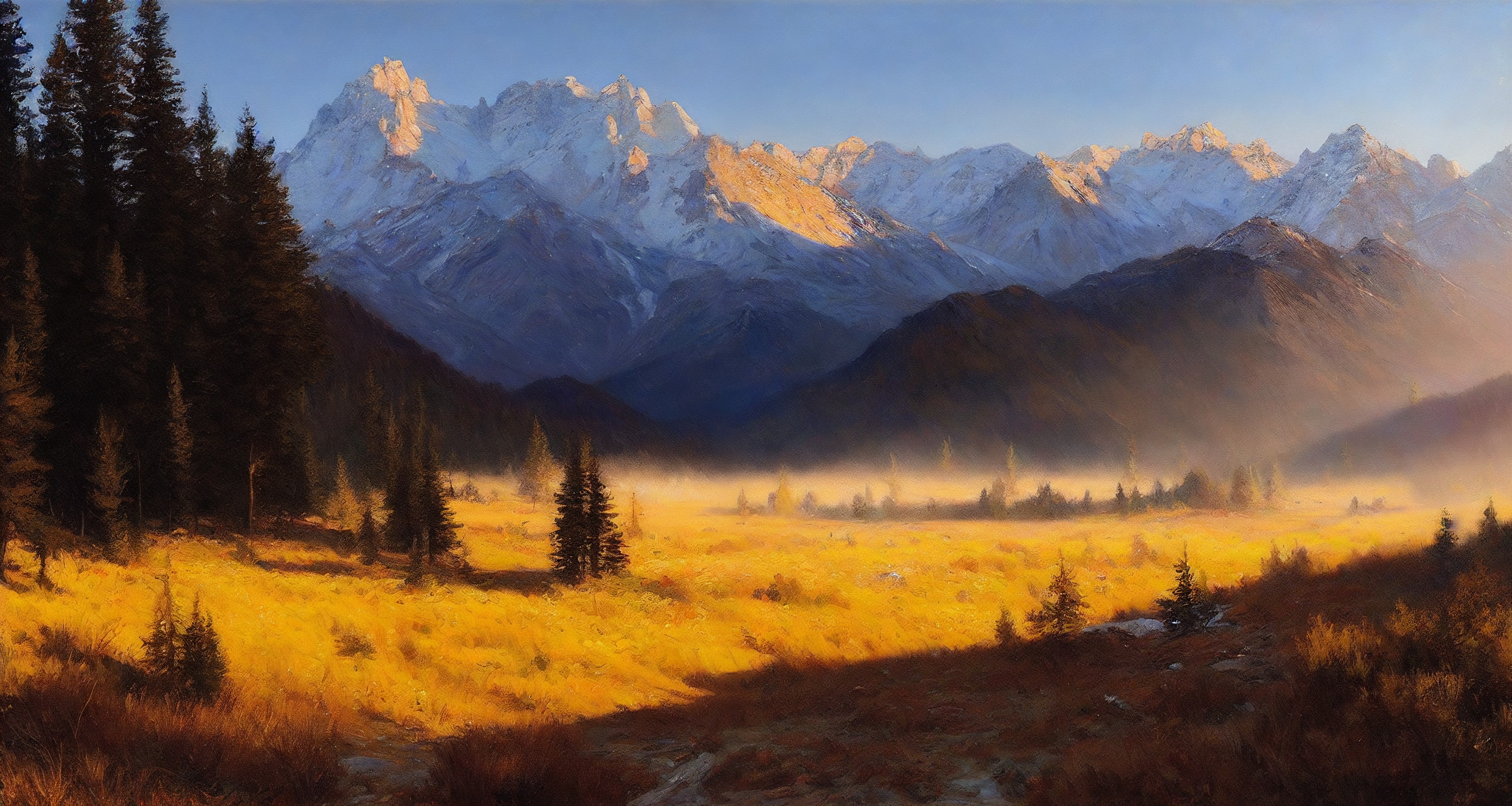 General 4050x2160 AI art landscape golden hour mountains painting trees Stable Diffusion