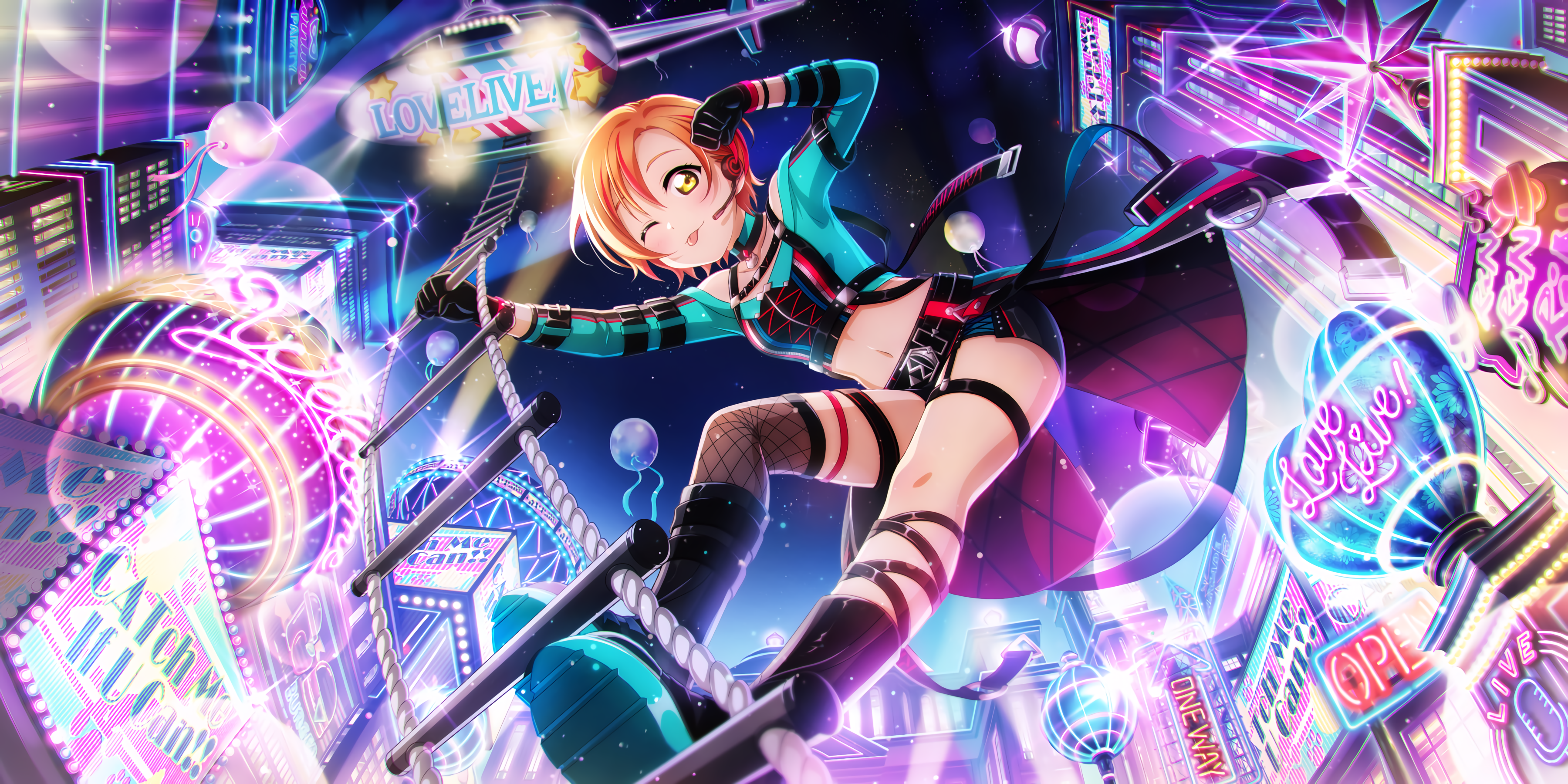 Anime 3600x1800 Hoshizora Rin Love Live! anime anime girls tongue out helicopters one eye closed lights low-angle looking below