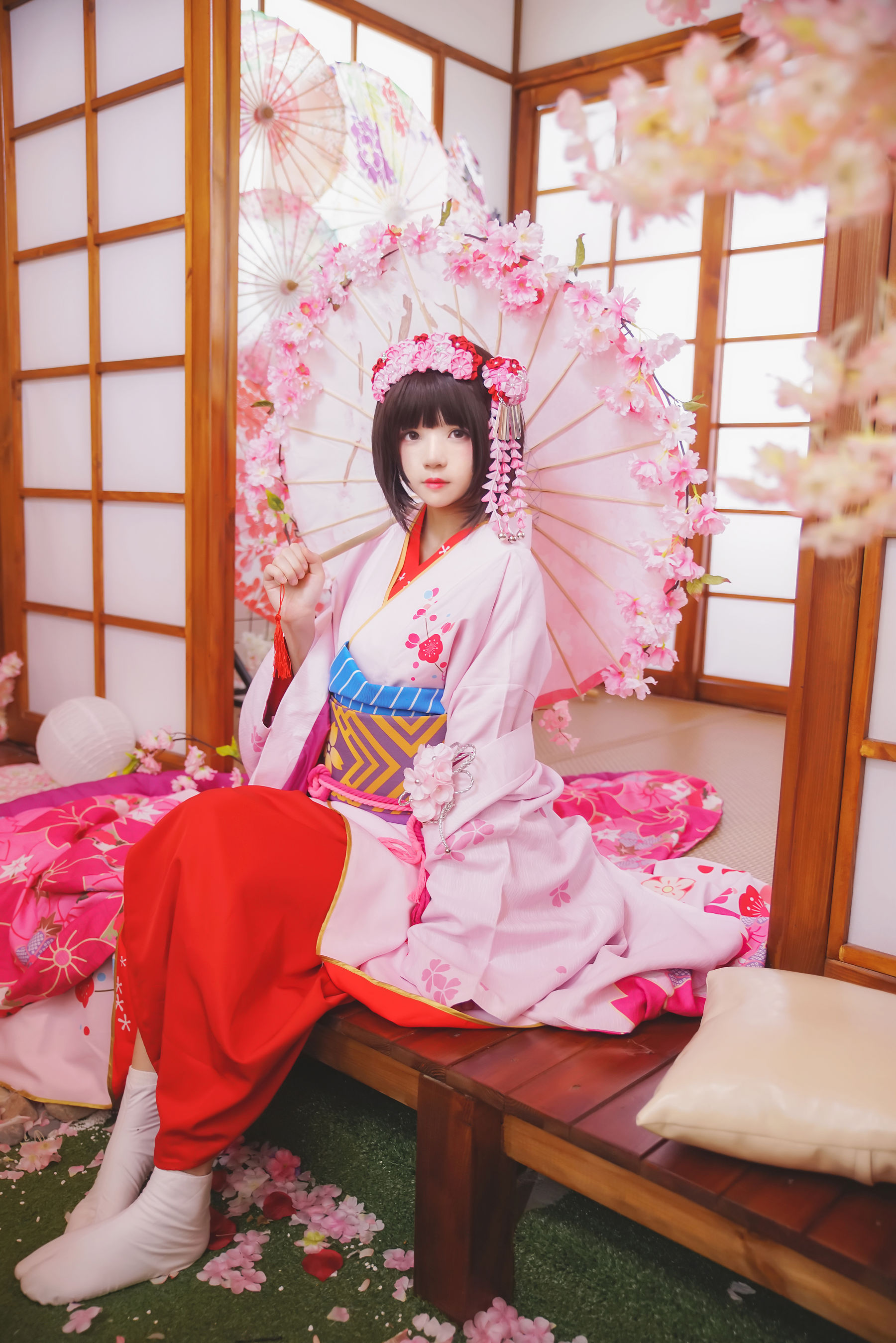 People 1800x2698 CherryNeko women model Asian kimono short hair brunette dark hair flowers