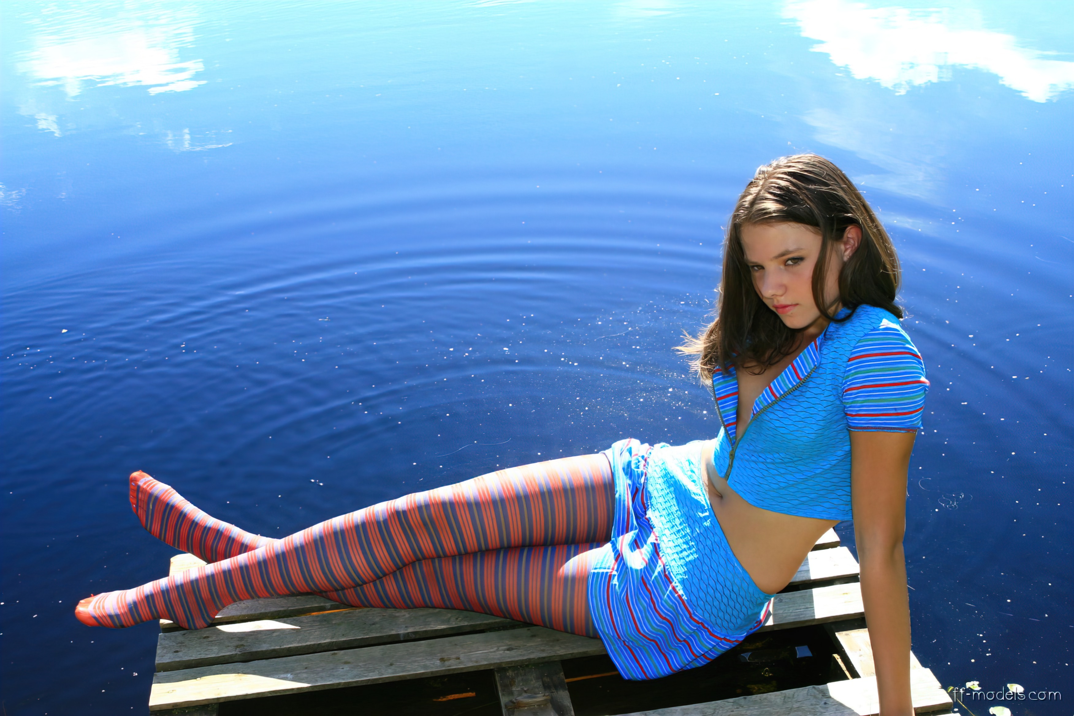 People 3504x2336 Sandra Orlow women model women outdoors Striped pantyhose red pantyhose lake bare midriff